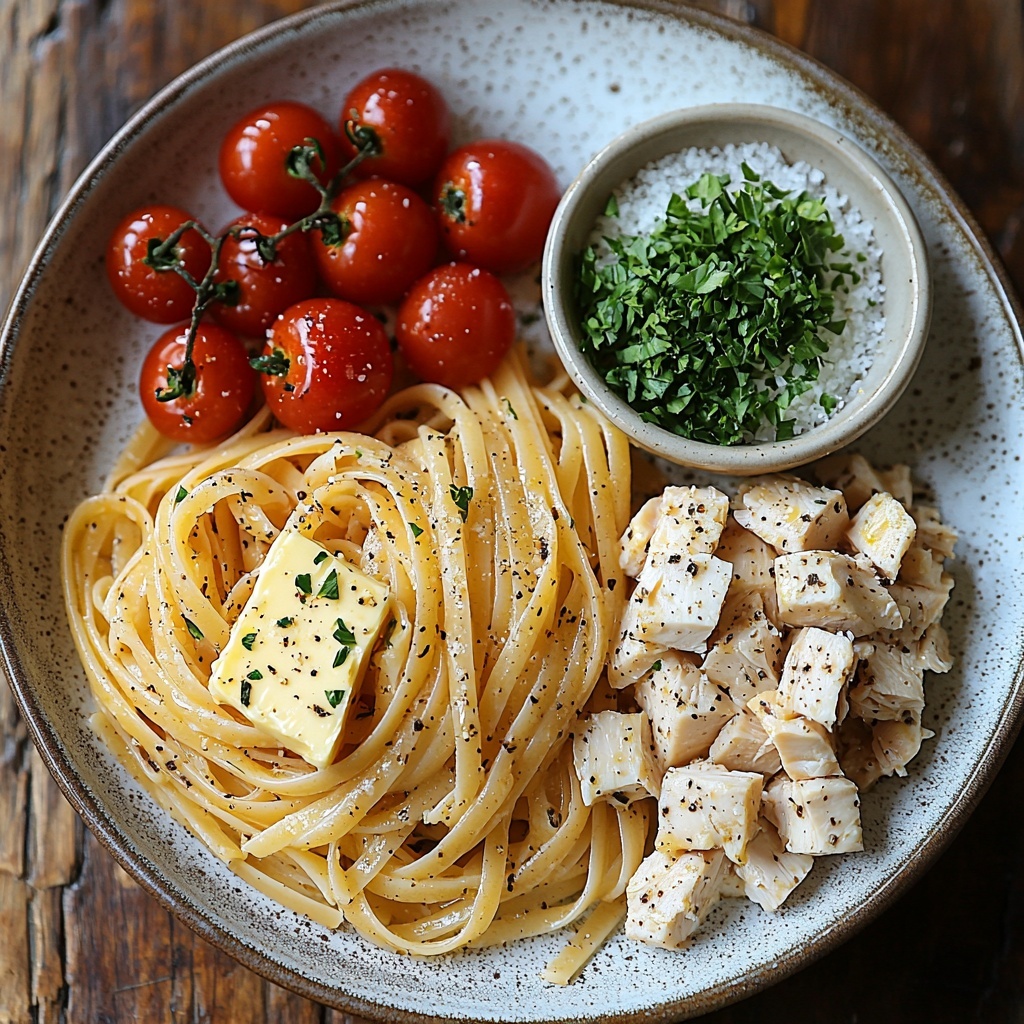 8 oz linguine pasta coiled neatly on a clean white ceramic plate, 1 lb raw diced chicken breast in a small rustic wooden bowl, 1/2 cup creamy cowboy butter shown as a soft melting pat in a small glass dish with visible herbs and garlic bits, 1 cup vibrant red cherry tomatoes halved and scattered artfully, 1/2 cup finely grated pale yellow Parmesan cheese in a small white ramekin, small piles of coarse salt and cracked black pepper on the side, fresh bright green parsley sprigs arranged naturally for garnish, all set on a smooth light wooden surface with soft natural light highlighting the varied textures and colors, shadows gently diffused, styled with minimalistic earth tones and subtle rustic props to enhance a cozy kitchen vibe — overhead shot, top down view, flat lay photography, professional food styling --ar 1:1 --q 2 --s 750 --v 6.1
