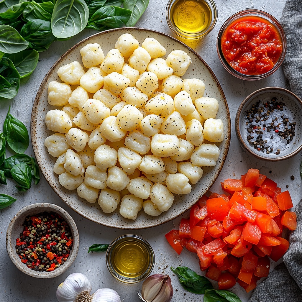 A clean, bright white surface neatly arranged with main ingredients for cheesy baked gnocchi: a small glass bowl of golden olive oil glistening under soft light; three cloves of garlic, whole and minced, displayed on a rustic wooden spoon; a small heap of finely diced translucent yellow onion; vibrant red and orange chopped bell pepper pieces scattered artfully nearby; small piles of deep green fresh baby spinach leaves with their velvety texture visible; a mound of pale, pillowy gnocchi resting on a simple white ceramic plate; a generous pile of shredded mozzarella cheese, soft and creamy white, slightly melting at the edges; a small bowl of rich, smooth red tomato marinara sauce with a slight sheen; raw ground beef with a coarse texture, forming a compact, fresh-looking portion; fresh bright green basil leaves with visible veins placed as garnish; and small ramekins containing warm-toned smoked paprika and chili powder powders; sea salt crystals and freshly ground black peppercorns in tiny dishes enhancing the flavor story. The arrangement is balanced and harmonious, with pops of vibrant colors and contrasting textures inviting the viewer’s eye to wander naturally across the scene. Gentle natural lighting casts soft shadows, enhancing the freshness and appeal of each ingredient. The composition is minimalist but rich, styled with a modern rustic aesthetic, incorporating wooden and ceramic elements, a linen napkin partially visible in a corner for warmth, capturing a cozy kitchen vibe. overhead shot, top down view, flat lay photography, professional food styling --ar 1:1 --q 2 --s 750 --v 6.1