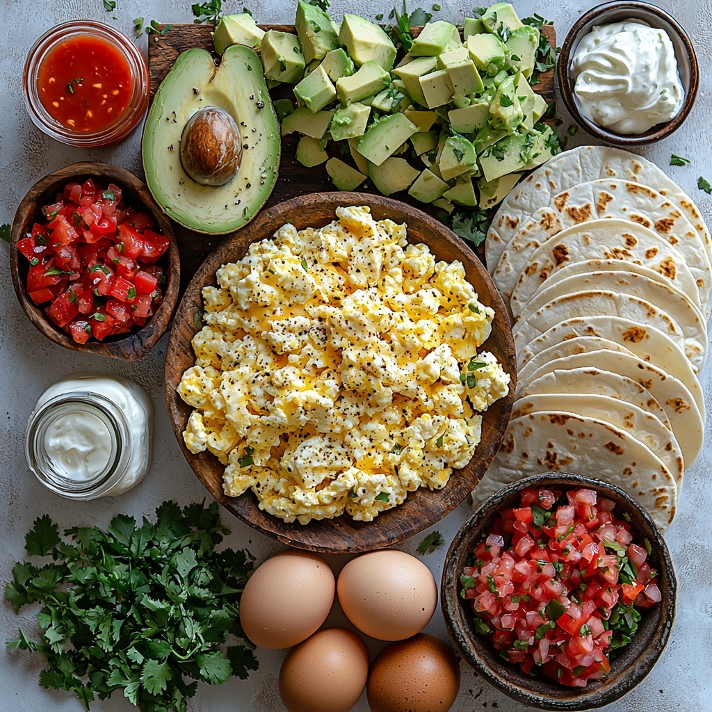 flat lay of fresh ingredients for scrambled egg breakfast tacos neatly arranged on a clean white surface: 4 large brown eggs in a small rustic bowl, a glass bowl with beaten eggs mixed with creamy milk, a small dish of golden melted butter, salt and black pepper shakers, 4 small soft flour or corn tortillas stacked slightly fanned out, a rustic bowl filled with shredded sharp cheddar and pepper jack cheese in vibrant orange and white, bright green sliced diced avocado arranged artfully on a wooden board, a small bowl of chunky red salsa or pico de gallo with visible tomato, onion, and cilantro pieces, fresh bright green chopped cilantro sprinkled around, a small jar of hot sauce with rich red color, a dollop of creamy white sour cream in a ceramic dish, all ingredients showcasing contrasting textures and vivid colors with natural daylight, minimal shadows, and gentle soft focus edges for inviting warmth and freshness overhead shot, top down view, flat lay photography, professional food styling --ar 1:1 --q 2 --s 750 --v 6.1