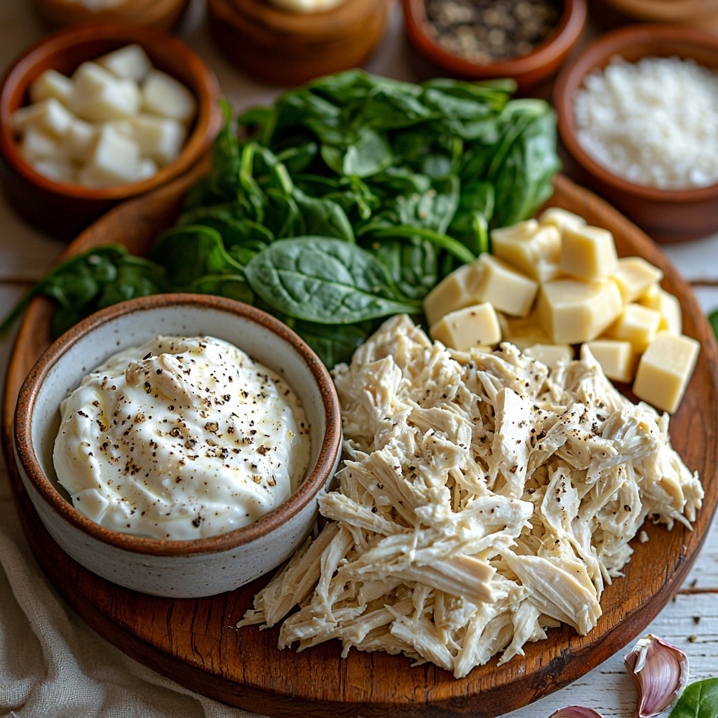2 cups shredded cooked chicken, tender and moist, arranged in a small rustic bowl; 1 cup vibrant dark green frozen spinach, thawed and drained, loosely piled with visible texture; 1 cup light yellowish canned artichoke hearts, chopped into bite-sized pieces, scattered beside the spinach; 1 cup creamy thick Greek yogurt in a simple white ramekin, smooth and glossy surface; 1 cup shredded mozzarella cheese, soft white strands fanned out attractively on a wooden board; 1/2 cup finely grated Parmesan cheese, pale yellow with a fluffy texture sprinkled lightly next to the mozzarella; 2 cloves garlic, peeled and minced finely on a small cutting board; small ceramic bowls containing 1 teaspoon onion powder (off-white powder), 1 teaspoon salt (fine white crystals), and 1/2 teaspoon black pepper (coarse black specks) arranged neatly in a row; natural light softly illuminating the scene, emphasizing the rich textures and fresh colors; clean white or light wood surface as background; slight shadows adding depth; carefully spaced but harmonious composition with slight overlap to create visual interest, styled for an inviting and fresh feel; overhead shot, top down view, flat lay photography, professional food styling --ar 1:1 --q 2 --s 750 --v 6.1