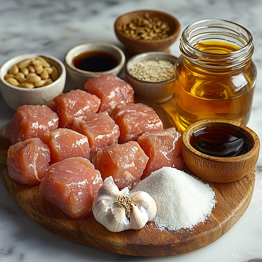 A clean white surface with all the main ingredients for a classic chicken stir fry marinade arranged neatly in small, clear glass bowls and on the board: bite-sized pale pink chicken breast pieces in a small rustic bowl, a small bowl of dark amber light soy sauce with a glossy sheen, a tiny ceramic dish holding golden sesame oil, a small glass bowl with clear pale rice wine vinegar, a heap of fine white cornstarch powder on a delicate porcelain spoon, two fresh garlic cloves, one peeled and one unpeeled, and a small wooden bowl of rich golden honey with a subtle sticky gloss. The ingredients are spaced evenly with natural soft shadows, showcasing a contrast of smooth liquids, powdery starch, and fresh garlic textures. Warm, natural daylight illuminates the scene for a clean, bright, fresh look. Minimal props keep focus on the vibrant colors and textures, creating an inviting, authentic Asian-inspired feel. Overhead shot, top down view, flat lay photography, professional food styling --ar 1:1 --q 2 --s 750 --v 6.1