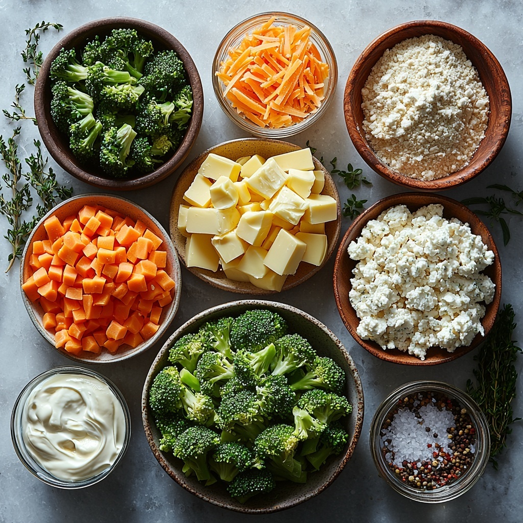 A clean white marble surface neatly arranged with the main ingredients for a ground turkey and broccoli casserole: a small mound of pale yellow egg pasta, a raw pink mound of ground turkey in a shallow bowl, vibrant green broccoli florets clustered together, bright orange carrot slices beside them, and finely diced translucent white onion in a small glass bowl. Next to those are minced garlic cloves with a slight sheen, a small pat of creamy yellow butter, and a small pool of golden olive oil in a rustic dish. Nearby, a neat pile of white flour, a glass measuring cup filled with rich, golden chicken broth, and a separate clear jug of creamy off-white milk. A small jar of smooth, pale yellow Dijon mustard, sprigs of fresh green thyme, and a tiny bowl of deep red smoked paprika provide color contrast. Surrounding these are freshly shredded bright orange cheddar cheese in a wooden bowl, a dollop of thick white sour cream in a tiny ceramic ramekin, coarse white salt and cracked black peppercorns scattered artfully, a small heap of golden crispy panko crumbs, and finely grated pale parmesan cheese in a separate dish. The composition is balanced with natural daylight casting soft, even shadows, highlighting the varied textures from the leafy broccoli to the fluffy flour and crumbly cheeses. Overhead shot, top down view, flat lay photography, professional food styling --ar 1:1 --q 2 --s 750 --v 6.1