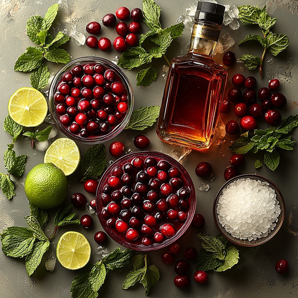 A bright, clean flat lay of ingredients for a Cranberry Margarita arranged on a smooth white surface. Include a small pile of clear ice cubes with their translucent, glossy texture catching the light; a small glass bottle of golden tequila with warm amber hues; a small glass measuring cup filled with vibrant, deep red pure unsweetened cranberry juice; a clear glass vessel with freshly squeezed pale green lime juice; a sleek bottle of Cointreau showing its rich orange liqueur inside; a small glass bowl of simple syrup with a smooth, glossy surface; two tiny dishes—one with coarse sparkling salt crystals and the other with fine white sugar granules; fresh bright green mint sprigs with textured leaves; a few ripe shiny red cranberries scattered artfully; and a thin lime slice showing its juicy, translucent segments placed near the garnishes. All elements thoughtfully spaced with delicate shadows, emphasizing natural colors and textures, styled with minimal rustic elegance and soft natural lighting. Overhead shot, top down view, flat lay photography, professional food styling --ar 1:1 --q 2 --s 750 --v 6.1