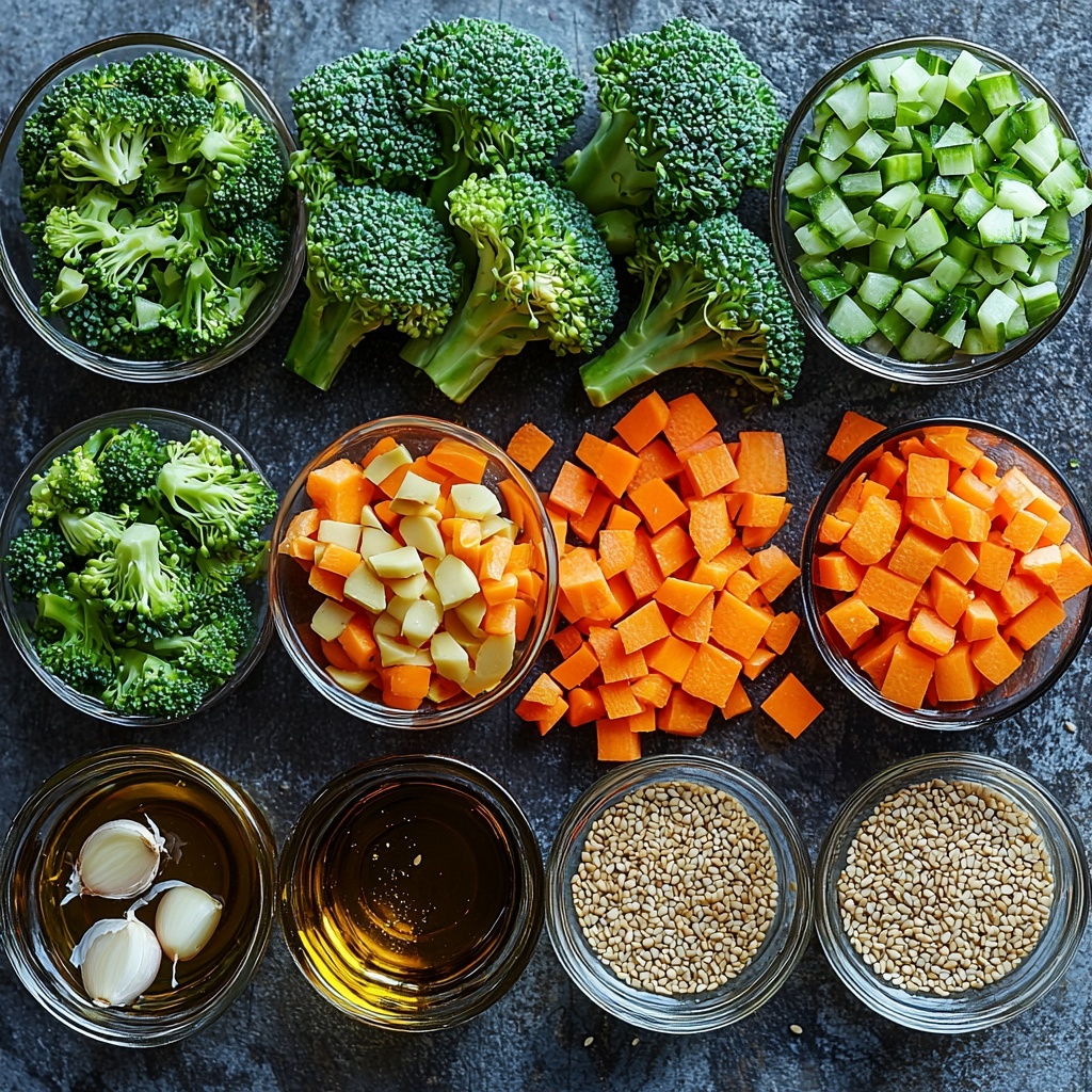 heaping cups of fresh green broccoli florets, peeled and chopped bright orange carrots cut into 1/2-inch thick pieces, four large garlic cloves minced finely with a subtle shine, small glass bowls containing golden avocado oil and rich dark amber honey, a bowl of glossy low sodium soy sauce with deep brown hues, a tiny dish of pale golden rice vinegar, ground ginger powder in a small ceramic spoon with a warm beige tone, a small bottle or dish with deep amber toasted sesame oil, sprinkled coarse black peppercorns scattered lightly, optional sesame seeds and fresh chopped green parsley leaves adding texture and contrast, all neatly arranged on a clean white surface with soft natural light enhancing vibrant colors and textures, a visually balanced composition emphasizing freshness and rustic simplicity, slight shadows for depth, overhead shot, top down view, flat lay photography, professional food styling --ar 1:1 --q 2 --s 750 --v 6.1