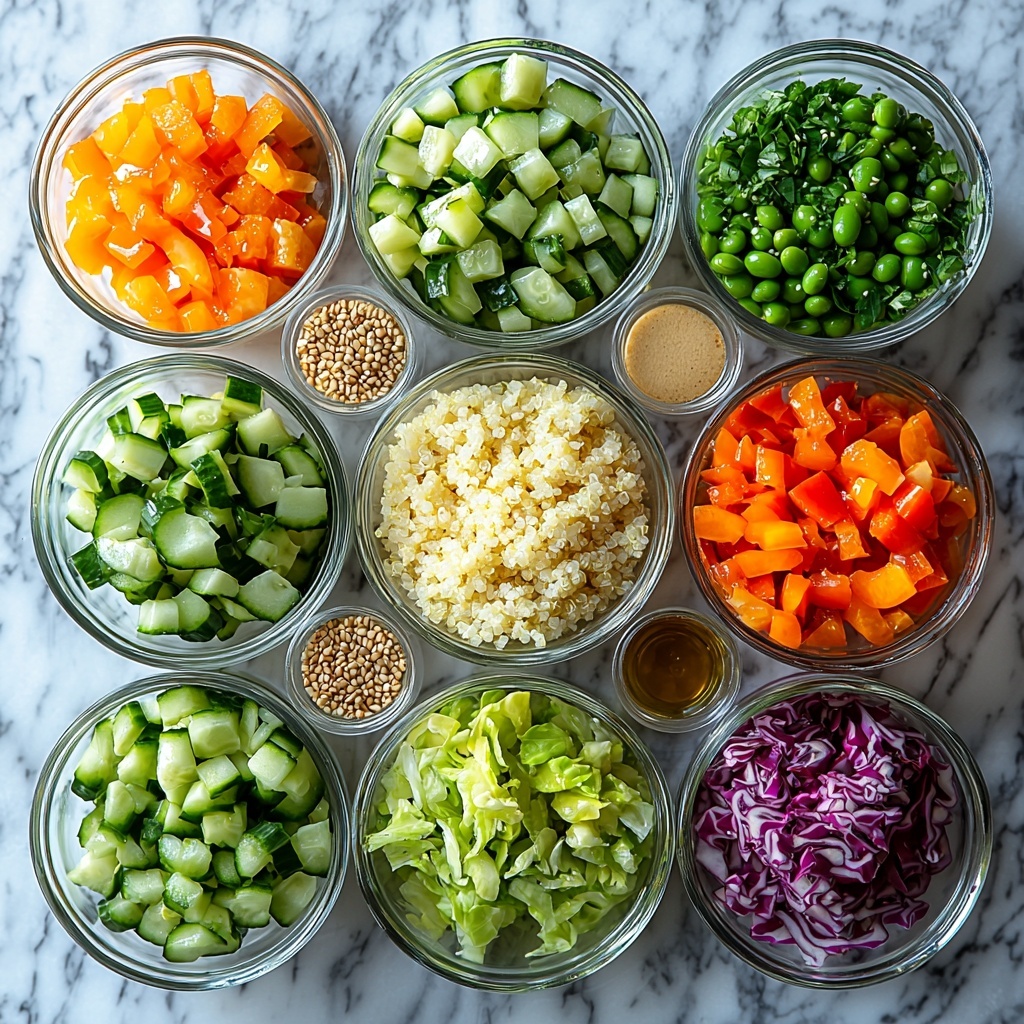 Quinoa Edamame Salad ingredients arranged neatly on a clean white marble surface: small glass bowls with vibrant cooked quinoa (fluffy, light beige), bright green shelled edamame, diced crisp pale green cucumber, chopped celery with fresh light green hues, shredded orange carrots, colorful diced bell pepper pieces in red, orange, and yellow, a pile of shredded deep purple cabbage, finely sliced bright green onion tops, raw unsalted peanuts or cashews with smooth beige shells scattered artfully. Nearby, small rustic bowls holding golden avocado oil, rich toasted sesame oil with a glossy sheen, translucent rice vinegar, a smooth mound of creamy beige miso paste, and tiny spoons with powdered garlic and ground ginger. A small glass of hot water completes the setup. The ingredients are thoughtfully spaced with natural light casting soft shadows, highlighting textures and vibrant colors. Minimal props, natural linen napkin folded gently at the corner for warmth. Overhead shot, top down view, flat lay photography, professional food styling --ar 1:1 --q 2 --s 750 --v 6.1