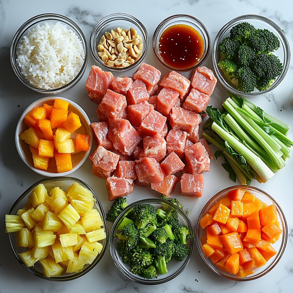 Pork stir fry ingredients neatly arranged on a clean white surface for a vibrant flat lay: a small bowl of golden chicken broth, a glass dish with dark soy sauce, a spoonful of glossy amber honey, a lime cut in halves with bright green flesh, three cloves of minced garlic scattered nearby, a tiny dish of rich red sriracha sauce, a small pile of finely ground ginger powder, a drop of deep amber sesame oil in a ramekin, two bowls of white cornstarch powder, thick slices of raw boneless pork chops with a light pink hue, salt and pepper grinders, a small glass bowl of clear dry white wine, a large yellow onion quartered exposing its layered texture, fresh broccoli florets in vibrant green, celery ribs with crisp pale green stalks, julienned orange carrot strips, diced bright red bell pepper pieces, a white bowl filled with golden pineapple chunks beside a small glass of the reserved juice, a spoonful of smooth light brown peanut butter, scattered green onion rings, toasted sesame seeds sprinkled lightly nearby, and a bowl of fluffy steamed white rice. The ingredients are spaced with balance and harmony, showcasing contrasting colors and textures, styled with natural daylight for soft shadows and highlights to emphasize freshness and variety, placed on a matte surface to reduce reflections, overhead shot, top down view, flat lay photography, professional food styling --ar 1:1 --q 2 --s 750 --v 6.1