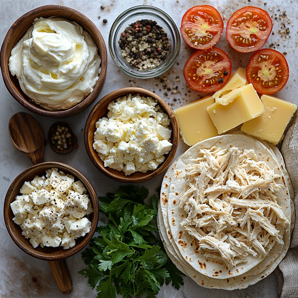 A clean white marble surface neatly arranged with the main ingredients for cheesy garlic chicken wraps: a small rustic bowl filled with shredded cooked chicken showing tender white and golden brown textures; a wooden spoon resting beside a small glass bowl of smooth olive oil with warm yellow hues; little ceramic spoons holding fine garlic powder and onion powder, soft off-white powders with delicate texture; a small heap of coarse black pepper and a pinch of white salt crystals scattered gently nearby; two separate piles of shredded cheeses—one bright white mozzarella with soft, stringy strands, and one rich orange cheddar with slightly crumbly texture; a small ramekin filled with creamy, pale cream cheese showing a smooth, glossy surface; a small glass bowl of velvety mayonnaise with a slight shine; fresh parsley leaves with vibrant green color scattered artfully beside a teaspoon of dried parsley flakes; four large pale beige flour tortillas stacked and fanned out softly to show their thin, pliable texture; a clear bowl of golden melted butter with a small amount of minced garlic floating, showcasing a chunky, glossy texture; optional piles of deep green baby spinach leaves, shredded crisp lettuce, and sliced ripe red tomatoes with juicy interiors adding pops of color and freshness. The ingredients are spaced evenly with natural light casting soft shadows, emphasizing texture and freshness. The composition is balanced and inviting, styled with minimal rustic elements like a linen napkin and a wooden cutting board edge subtly visible, enhancing the warm, home-cooked vibe. Overhead shot, top down view, flat lay photography, professional food styling --ar 1:1 --q 2 --s 750 --v 6.1