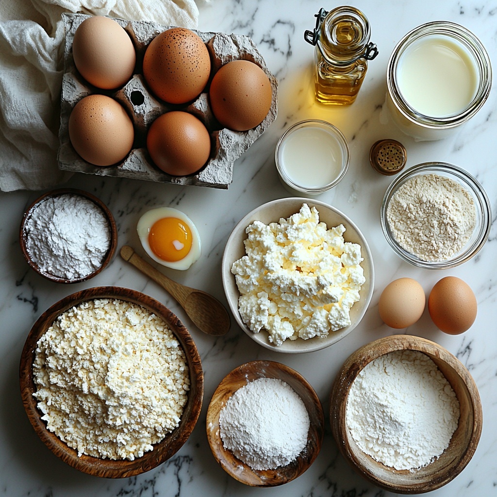 A clean, bright kitchen surface with all main ingredients for healthy gluten-free Anginetti cookies artfully arranged for a flat lay shot: two fresh brown eggs in a small white bowl, a glass jar of melted coconut oil with a silver spoon, a small clear glass bottle of vanilla extract, a tiny vintage jar of lemon extract, a rustic wooden bowl filled with golden-brown coconut sugar crystals, a white ceramic bowl of smooth, creamy cottage cheese, another small bowl with thick, glossy Greek yogurt, a delicate measuring spoon holding light beige baking powder, a similar spoon with fine baking soda, a neat pile of white Bob’s Red Mill Gluten Free 1-to-1 Flour spread slightly on parchment paper, a small bowl of light, powdery white powdered sugar, a tiny glass pitcher of cold milk with droplets on the outside, and a small bowl of colorful sprinkles—red, green, yellow, and blue—for topping. All items are spaced evenly on a crisp white marble countertop with soft natural daylight highlighting the varied textures—from the creamy dairy to the grainy sugar and fluffy flour. Minimalist styling includes light linen napkins folded gently nearby and a subtle shadow play to add depth but keep the frame bright and inviting. The overall mood is fresh, wholesome, and ready for baking. overhead shot, top down view, flat lay photography, professional food styling --ar 1:1 --q 2 --s 750 --v 6.1
