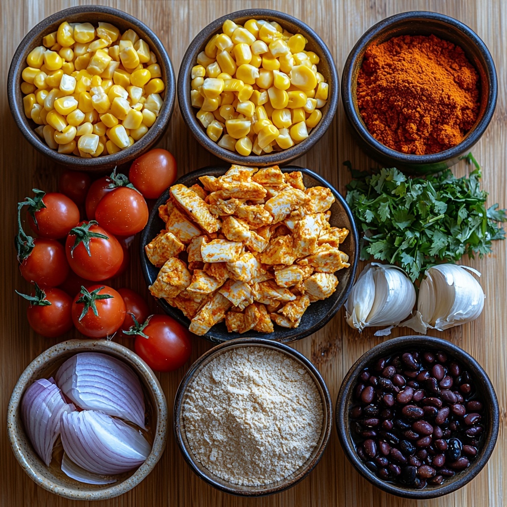 A vibrant flat lay of Tamale Soup ingredients arranged neatly on a clean, light wooden surface. Include a small bowl of golden yellow masa harina powder with a glass of water beside it, a rustic bowl of shredded white and brown cooked chicken, a can of glossy black beans artistically spilled with some beans scattered, a small white bowl of bright yellow corn kernels, a bowl of rich red diced tomatoes with visible juice, a halved onion with white and purple layers, two cloves of garlic with papery skin, small piles of warm brown cumin and deep rusty red chili powder powders on ceramic spoons, a clear glass container of golden chicken broth, and salt and pepper shakers. The textures range from smooth broth and powders to the fibrous chicken and glossy beans. Soft natural light highlights the vibrant colors and fresh ingredients, with subtle shadows for depth. The composition is balanced and inviting, styled with casual elegance and a few green herbs as accent. overhead shot, top down view, flat lay photography, professional food styling --ar 1:1 --q 2 --s 750 --v 6.1
