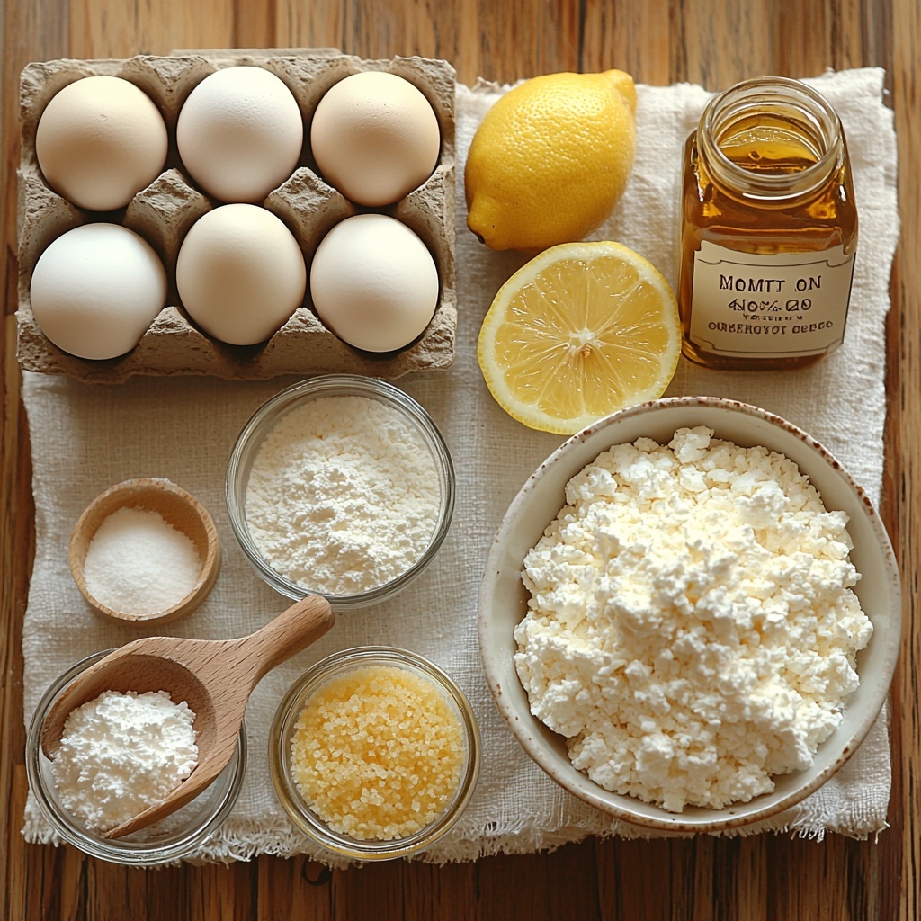 all-purpose flour in a small white ceramic bowl with a delicate dusting around it, golden granulated sugar heaped slightly in a rustic wooden scoop, fine white baking powder and a pinch of salt in tiny glass dishes, four fresh large egg whites separated in a clear glass bowl showing their glossy, stiff peaks, a smooth white ceramic bowl filled with creamy plain yogurt, a small glass jar of vanilla extract with an amber liquid inside, a halved bright yellow lemon with vibrant fresh zest scattered artistically on a white textured linen cloth, all ingredients meticulously arranged on a clean, light wooden surface with soft natural daylight, subtle shadows enhancing the textures of powdery flour, glossy egg whites, and creamy yogurt, minimalistic styling with a fresh and airy feel, overhead shot, top down view, flat lay photography, professional food styling --ar 1:1 --q 2 --s 750 --v 6.1