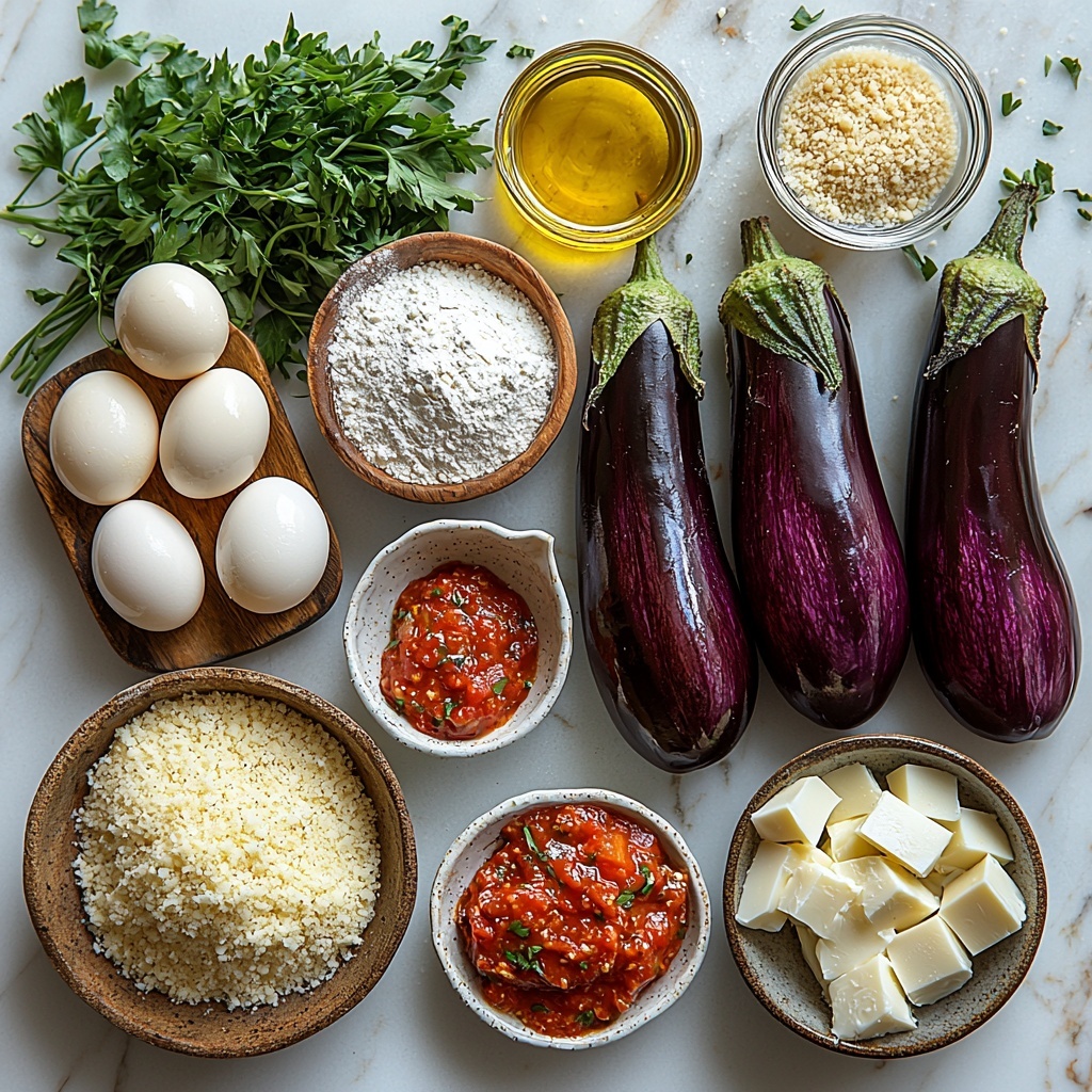 A clean white marble surface with all the main ingredients for Eggplant Parmesan artfully arranged in a flat lay composition: two small whole eggplants with glossy deep purple skin placed diagonally, a small white bowl filled with fine white all-purpose flour, a glass ramekin holding golden yellow whisked eggs with a touch of cream, a small dish of vibrant red marinara sauce with visible herbs, a rustic heap of light golden Panko breadcrumbs in a wooden bowl, a small pile of finely grated pale yellow Parmesan cheese beside it, a nest of shredded white mozzarella cheese, a vintage spoon with bright green freshly chopped parsley, tiny white porcelain spoons containing salt, onion powder, paprika, garlic salt arranged neatly, a small jar of Dijon mustard with its smooth mustard yellow color, and a small bottle or drizzle of golden vegetable oil. The textures contrast beautifully: glossy, powdery, fine, fluffy, and crumbly. Soft natural lighting highlights each color and texture with subtle shadows for depth. Minimalist styling with fresh ingredients spaced evenly and some small sprigs of parsley scattered for freshness. Overhead shot, top down view, flat lay photography, professional food styling --ar 1:1 --q 2 --s 750 --v 6.1