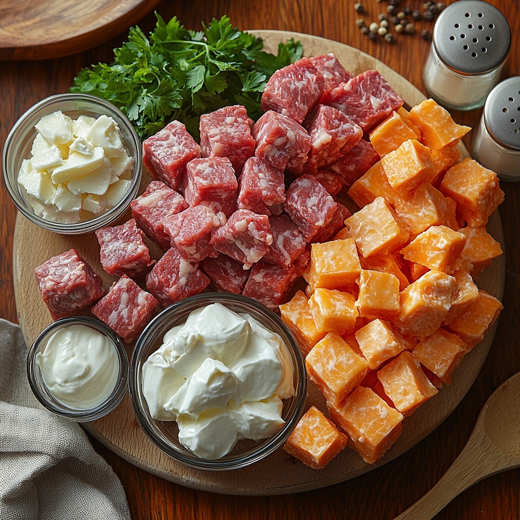 A clean, light-colored wooden surface with the main ingredients of a cowboy casserole neatly arranged in a flat lay style: a raw pound of ground beef with a rich red color and marbled texture placed in a small rustic bowl, a medium onion diced into small white and purple cubes in a clear glass bowl, a small vintage measuring spoon filled with pale beige garlic powder, a classic can of cream of mushroom soup with white and beige creamy texture visible, a small bowl of smooth, thick white sour cream, two piles of vibrant orange shredded cheddar cheese with a slightly crumbly texture, several chunks of pale, slightly floured biscuit dough arranged casually to show their soft, fluffy raw texture, and a small bunch of fresh bright green parsley leaves adding a pop of color. Salt and pepper shakers with visible coarse grains are placed subtly nearby. The arrangement is balanced with negative space, natural daylight illuminating the scene softly to highlight textures and colors without harsh shadows. Rustic linen napkins and minimal wooden spoons add warmth and an inviting feel. overhead shot, top down view, flat lay photography, professional food styling --ar 1:1 --q 2 --s 750 --v 6.1