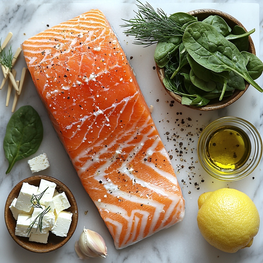 A clean white marble surface with a large, skinless salmon fillet showcasing its vibrant pink-orange color and moist texture, a small bowl of bright green chopped fresh spinach next to it, a rustic dish overflowing with crumbly white feta cheese, two garlic cloves with papery skins intact, a small glass bowl of golden olive oil glistening under natural light, a dollop of creamy off-white softened cream cheese on a wooden spoon, fresh lemon zest strands bright yellow and zesty on a ceramic plate, a halved lemon showing its juicy, vibrant interior, a small heap of dried dill with muted green tones beside a sprig of fresh dill, fine grains of salt and coarsely cracked black pepper sprinkled artistically around, and wooden toothpicks laid neatly to the side. The ingredients are thoughtfully spaced to create balance and harmony, featuring contrasting colors and textures—soft cream cheese, flaky salmon, leafy spinach, and crumbly feta—set against the smooth marble with soft natural lighting casting gentle shadows. Overhead shot, top down view, flat lay photography, professional food styling --ar 1:1 --q 2 --s 750 --v 6.1
