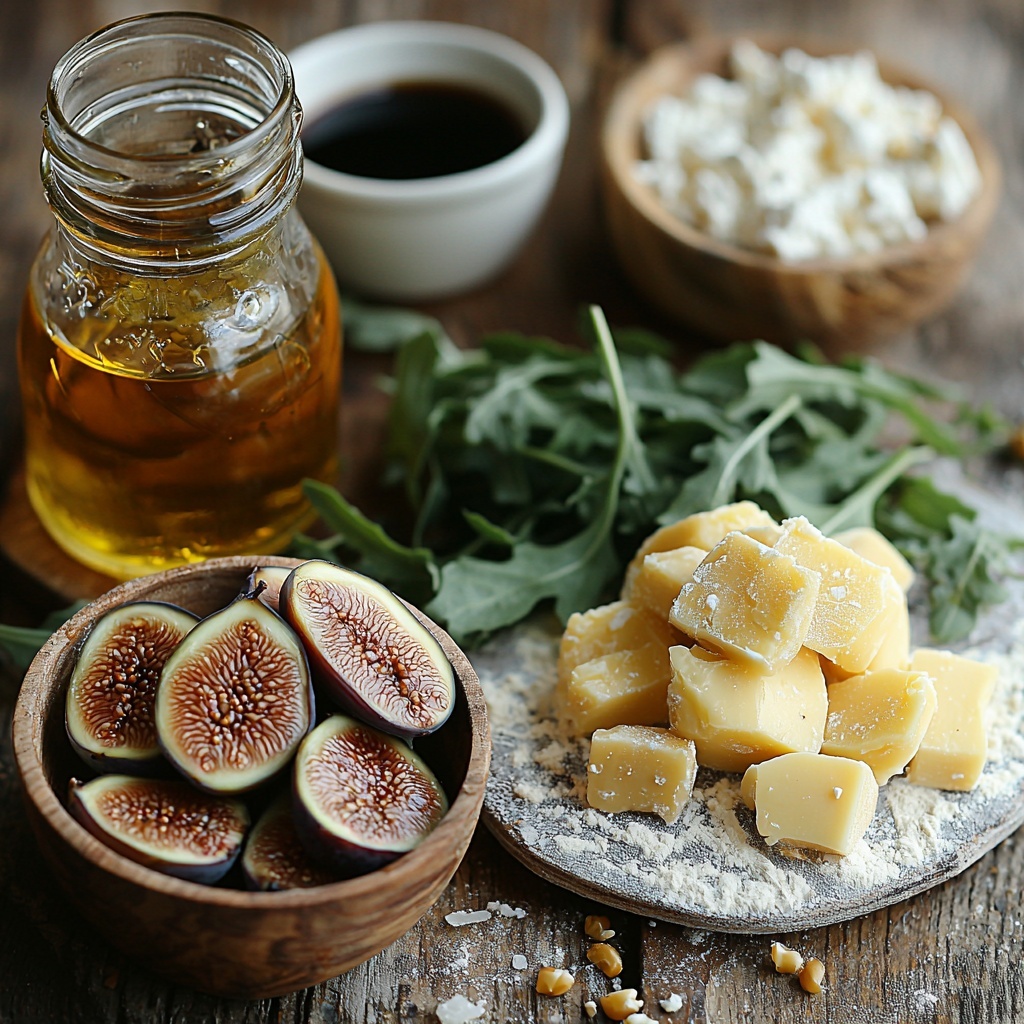 warm unsweetened almond milk in a small clear glass measuring cup, golden honey drizzled in a tiny wooden bowl, shiny bottle of olive oil with a small drizzle puddle on a white ceramic dish, dry whole wheat pastry flour scattered lightly on a rustic wooden surface, coarse yellow cornmeal in a small glass jar with some spilled grains, instant yeast packet torn open with granules spilled neatly, coarse sea salt crystals in a round white dish, thinly sliced golden caramelized yellow onion piled on parchment paper, dark purple-brown dried mission figs quartered and arranged in a semi-circle, creamy crumbled fresh white goat cheese loosely mounded on a small slate board, fresh vibrant green arugula leaves loosely scattered to add color contrast, glossy dark balsamic vinegar in a small white bowl with a few droplets artistically splattered around, all ingredients spaced evenly on a clean light wooden table with soft natural lighting, subtle shadows enhancing textures, bright airy, minimalistic styling with rustic and natural elements, overhead shot, top down view, flat lay photography, professional food styling --ar 1:1 --q 2 --s 750 --v 6.1