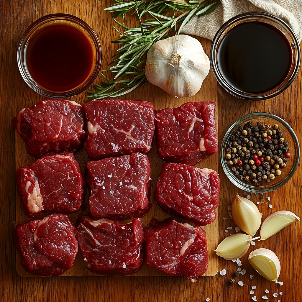 3-4 lbs raw beef roast with rich marbling, a small bowl of deep red cranberry juice, a half cup glass container of dark balsamic vinegar, one medium onion roughly chopped showing white and purple layers, four cloves of garlic peeled and minced, a rustic bowl filled with golden olive oil, a small bowl of dark brown beef broth, coarse salt and black peppercorns scattered artistically, fresh sprigs of vibrant green rosemary laid nearby; all ingredients arranged neatly on a clean, light wooden surface with natural warm lighting that highlights the contrasting textures and vibrant colors — beef glossy and tender-looking, liquids smooth and shiny, herbs fresh and crisp, spices granular and textured; soft shadows cast gently to add depth, subtle linen napkin in neutral tones partially visible at the frame edge for added warmth and homeliness; delicate reflections on glass containers enhance the premium feel — overhead shot, top down view, flat lay photography, professional food styling --ar 1:1 --q 2 --s 750 --v 6.1