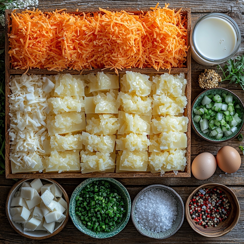 frozen hash browns in a neat rectangular block, bright orange shredded cheddar cheese piled loosely in a small bowl, large brown and white eggs arranged in a wooden crate, creamy white milk in a clear glass measuring cup, finely diced white onion in a small white ramekin, vibrant red and green diced bell peppers in a colorful ceramic bowl, small bowls with coarse salt, cracked black pepper, and pale garlic powder scattered artistically nearby, all ingredients placed on a clean light wood surface with soft natural light highlighting the varied textures and colors, rustic yet modern food styling with subtle shadows and ample negative space, overhead shot, top down view, flat lay photography, professional food styling --ar 1:1 --q 2 --s 750 --v 6.1