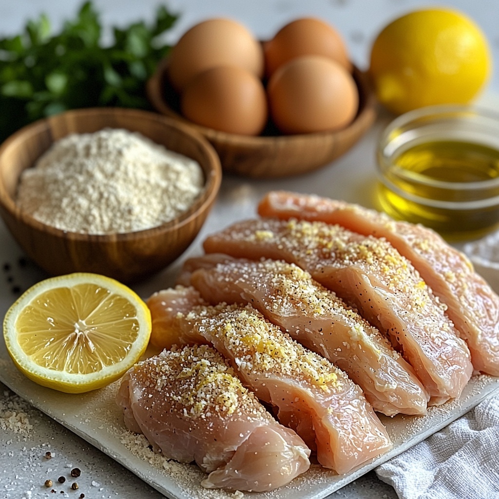 A clean white surface with 4 raw, boneless chicken breasts pounded thin, arranged neatly side by side; a small bowl of all-purpose flour with a light dusting spilling slightly around it; a shallow dish with two beaten eggs, smooth and glossy yellow; a bowl of golden, coarse panko breadcrumbs mixed with finely grated Parmesan cheese, showcasing a textured, slightly crumbly surface; a fresh whole lemon, one half sliced to reveal bright yellow juicy interior and zest sprinkled artistically nearby; a small glass bowl of rich greenish-gold olive oil reflecting soft light; scattered grains of salt and pepper in small piles; natural light casting soft shadows enhancing the varied textures—raw chicken smooth and pale, dry flour fine and powdery, wet eggs shiny, crisp breadcrumbs rough, fragrant lemon zest vibrant; everything arranged symmetrically with balanced spacing, minimalistic and clean styling, neutral-colored linen napkin folded casually at the edge, wooden spoon and a sprig of fresh parsley for a pop of green; overhead shot, top down view, flat lay photography, professional food styling --ar 1:1 --q 2 --s 750 --v 6.1