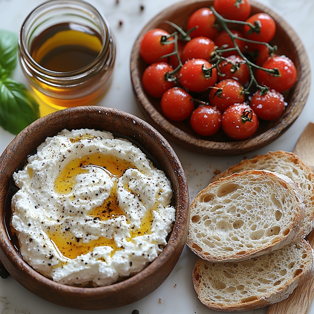 A clean white marble surface with a rustic sliced baguette arranged in a neat fan shape showing its golden toasted texture, a small ceramic bowl filled with creamy white ricotta cheese with a slightly whipped texture, a round wooden bowl containing vibrant red cherry tomatoes cut in halves glistening with olive oil, a small glass jar of rich dark balsamic glaze with a delicate drizzle on the side, fresh bright green basil leaves scattered artfully around, a small wooden spoon resting beside a shallow dish of golden olive oil, coarse salt and cracked black pepper sprinkled lightly on the surface to imply seasoning, soft natural lighting highlighting the vivid colors and varied textures, subtle shadows adding depth, styled with minimal props to keep focus on the fresh ingredients — overhead shot, top down view, flat lay photography, professional food styling --ar 1:1 --q 2 --s 750 --v 6.1