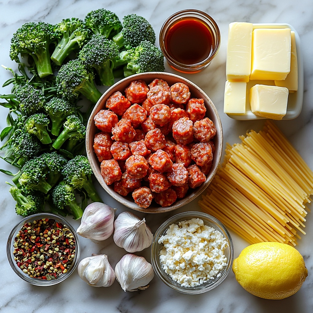 Sausage and broccoli pasta ingredients arranged neatly on a clean white marble surface: a bowl of raw ground sausage with rich, reddish-brown texture; fresh vibrant green broccoli florets clustered beside it; a small glass measuring cup filled with creamy off-white half and half; a clear glass with pale golden chicken broth; a small dish with bright red hot sauce; a tiny bowl with smooth pale yellow Dijon mustard; a small dish of dark, glossy soy sauce; assorted piles of dried herbs—light green oregano, basil, and parsley powders, pale beige onion powder; a pinch of golden garlic salt in a miniature spoon; a small clear cup of golden olive oil shimmering under light; a stemmed glass half-filled with translucent dry white wine; three peeled garlic cloves, pure white with slight sheen; a mound of pale butter cubes; a small heap of white flour; a soft dollop of cream cheese on a white porcelain spoon; a bowl of finely grated parmesan cheese, off-white and fluffy; half a cup of uncooked medium shell pasta, pale yellow with smooth curves; a lemon wedge with bright yellow flesh; tiny dishes with deep red pepper flakes and coarse freshly cracked black pepper; arranged artfully with natural light casting soft shadows, emphasizing colors and textures, minimalist styling with subtle rustic elements like a linen napkin and wooden spoon casually placed nearby — overhead shot, top down view, flat lay photography, professional food styling --ar 1:1 --q 2 --s 750 --v 6.1