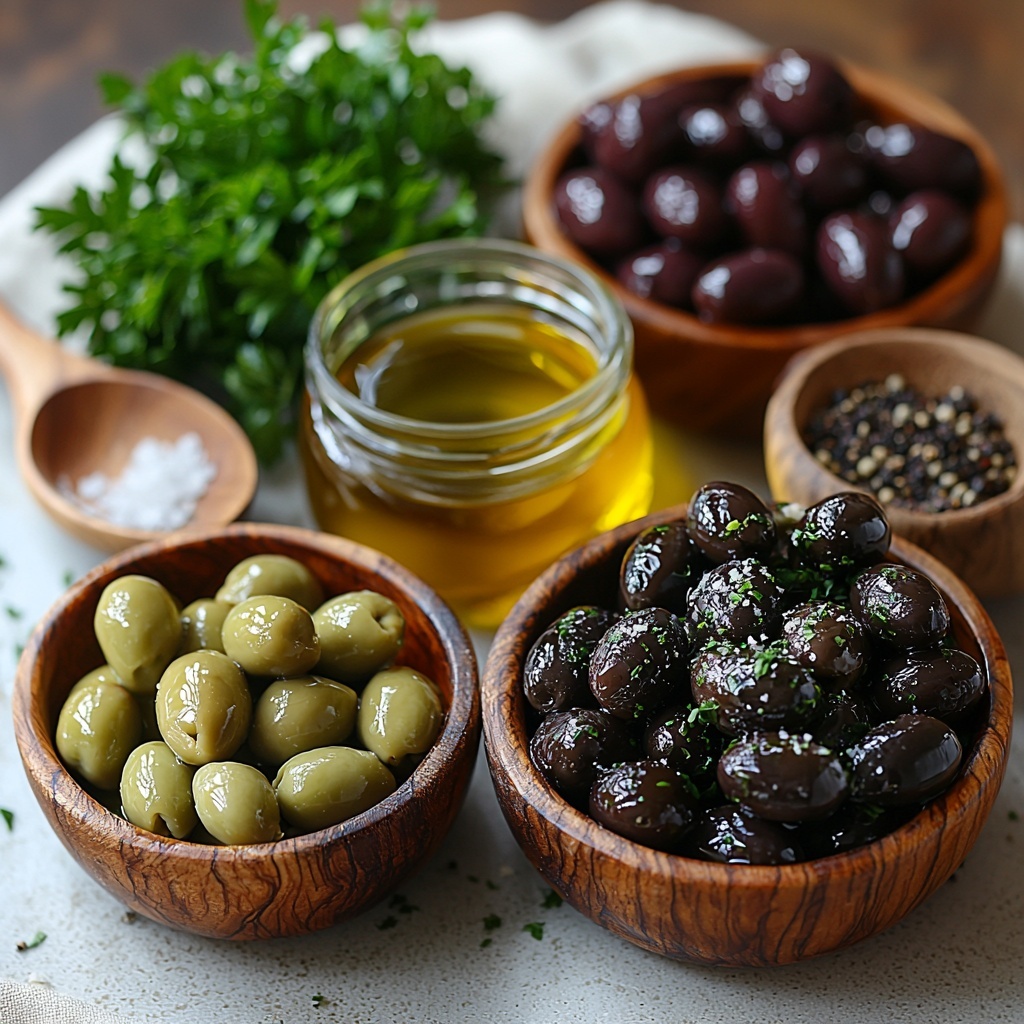 green olives (pitted, glossy, pale green clusters), Kalamata olives (pitted, deep purple, shiny, oval-shaped), fresh parsley (bright green, loosely chopped bunch with vibrant leaves), garlic cloves (whole, creamy white with papery skin and a few peeled pieces showing smooth texture), extra virgin olive oil (golden-yellow in a small glass jar or drizzle), white wine vinegar (clear, in a small elegant glass bottle), Dijon mustard (smooth, pale yellow dollop on a small ceramic spoon), dried oregano (earthy green flakes scattered lightly), salt and freshly ground black pepper (coarse salt crystals and cracked black peppercorns in small rustic bowls). All ingredients artistically arranged on a clean, matte white surface with natural soft daylight casting subtle shadows, spaced evenly to showcase texture and color contrast. Small fresh parsley sprigs placed as garnish to add freshness. Minimalist styling with neutral linen napkin and wooden spoon accents for warmth and rustic charm. overhead shot, top down view, flat lay photography, professional food styling --ar 1:1 --q 2 --s 750 --v 6.1