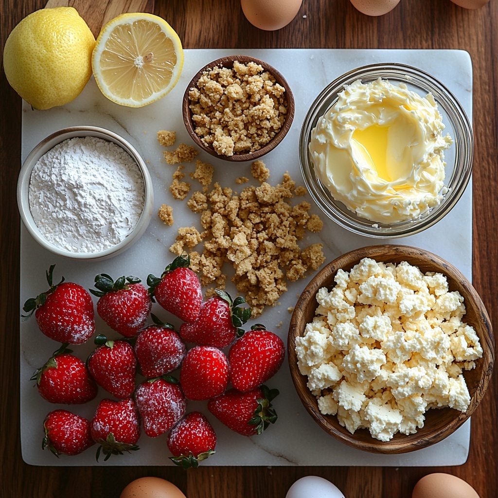 A clean white marble surface with the main ingredients for strawberry crunch cheesecake chunks neatly arranged in a visually balanced flat lay. There is a small glass bowl with smooth cream cheese showing its creamy texture, nearby a white ceramic dish with golden graham cracker crumbs, coarse and sandy, next to a small glass bowl of melted unsalted butter shimmering softly. Scattered around are crushed golden Oreo cookie pieces with their distinct golden color and crumbly texture. A delicate wooden bowl holds vibrant red freeze-dried strawberries with a crumbly, powdery texture, contrasted by fresh bright red halved strawberries with glossy surfaces arranged artistically. A small clear glass pitcher contains glossy melted white chocolate, ready for drizzling. A vintage spoon rests beside granulated sugar sparkling like tiny crystals and a small clear bowl with eggshells broken open, hinting at the process. A lemon wedge glistens with moisture, emphasizing freshness. The items are spaced with negative space, shadows soft and subtle, natural daylight highlighting textures and colors, styled with minimal rustic kitchen props like linen napkins and a wooden cutting board in the corner. Overhead shot, top down view, flat lay photography, professional food styling --ar 1:1 --q 2 --s 750 --v 6.1