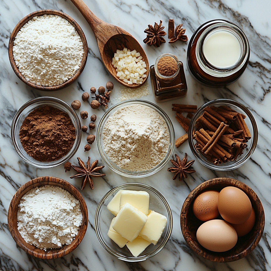 Gingerbread cookie ingredients arranged neatly on a clean white marble surface. Three cups of all-purpose flour in a small glass bowl, a wooden spoon dusted with flour nearby. Small ceramic dishes holding baking soda, salt, ground ginger, cinnamon, cloves, and nutmeg, each spice showing rich warm brown and golden hues, fine powder textures visible. A slab of creamy unsalted butter resting on a rustic wooden board, light brown sugar piled in a small mound with a wooden scoop, dark amber molasses in a clear glass measuring cup reflecting light. A single large brown egg and a small bottle of vanilla extract with a cork top. In the corner, a small bowl of smooth white royal icing with a tiny offset spatula. Soft natural lighting highlights the warm spices and organic textures, minimal shadows for clarity, styled with a hint of festive coziness. Overhead shot, top down view, flat lay photography, professional food styling --ar 1:1 --q 2 --s 750 --v 6.1