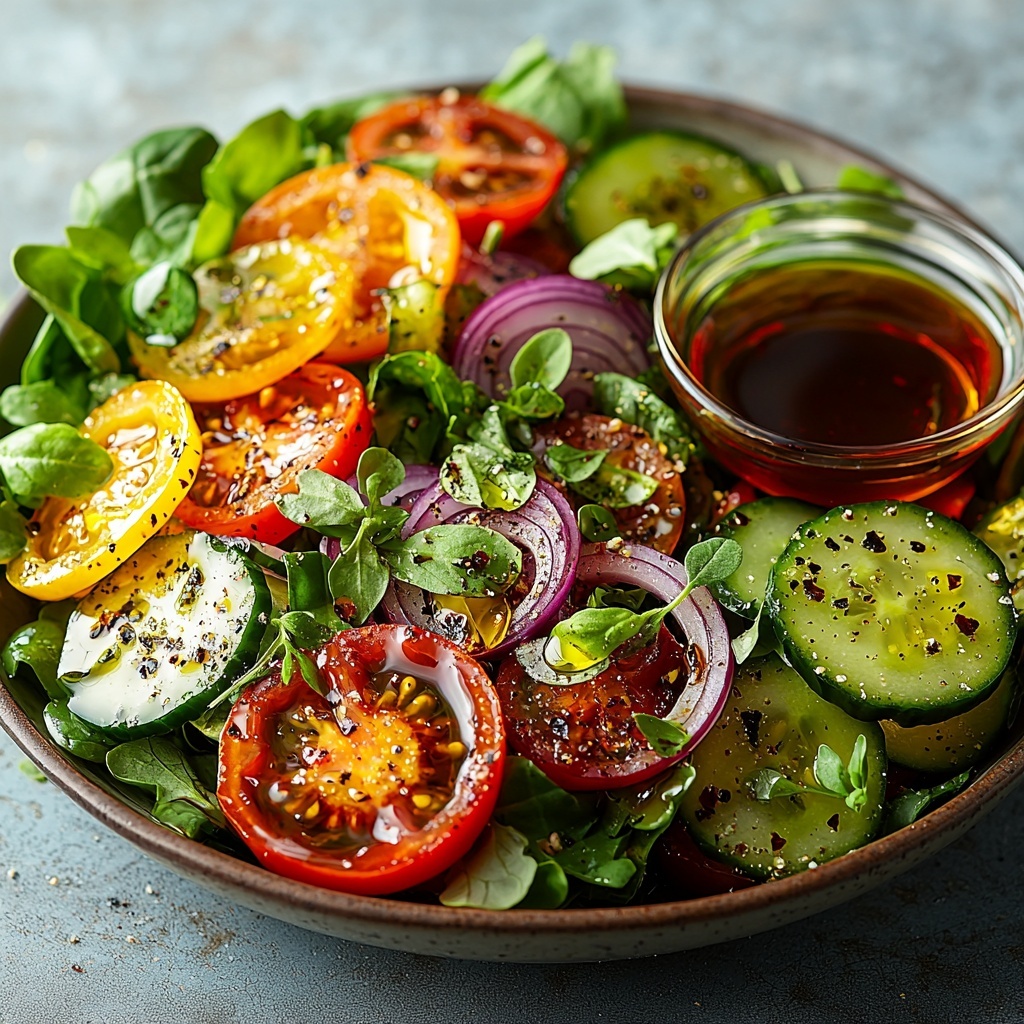 12 ounces fresh mixed greens with varied shades of green and delicate leaf textures, 4 ounces ripe red tomatoes sliced to reveal juicy interiors, 3 ounces crisp cucumber slices showing pale green flesh and seeds, thinly sliced 1/2 ounce vibrant purple-red rings of red onion, scattered 1 ounce golden crunchy croutons, small glass bowls of deep red glossy red wine vinegar and rich green-golden olive oil, all neatly arranged on a clean white matte surface with natural soft daylight highlighting the freshness and vivid colors, shadows subtle and diffused, composition balanced with ingredients spaced evenly to showcase each element distinctly, overhead shot, top down view, flat lay photography, professional food styling --ar 1:1 --q 2 --s 750 --v 6.1