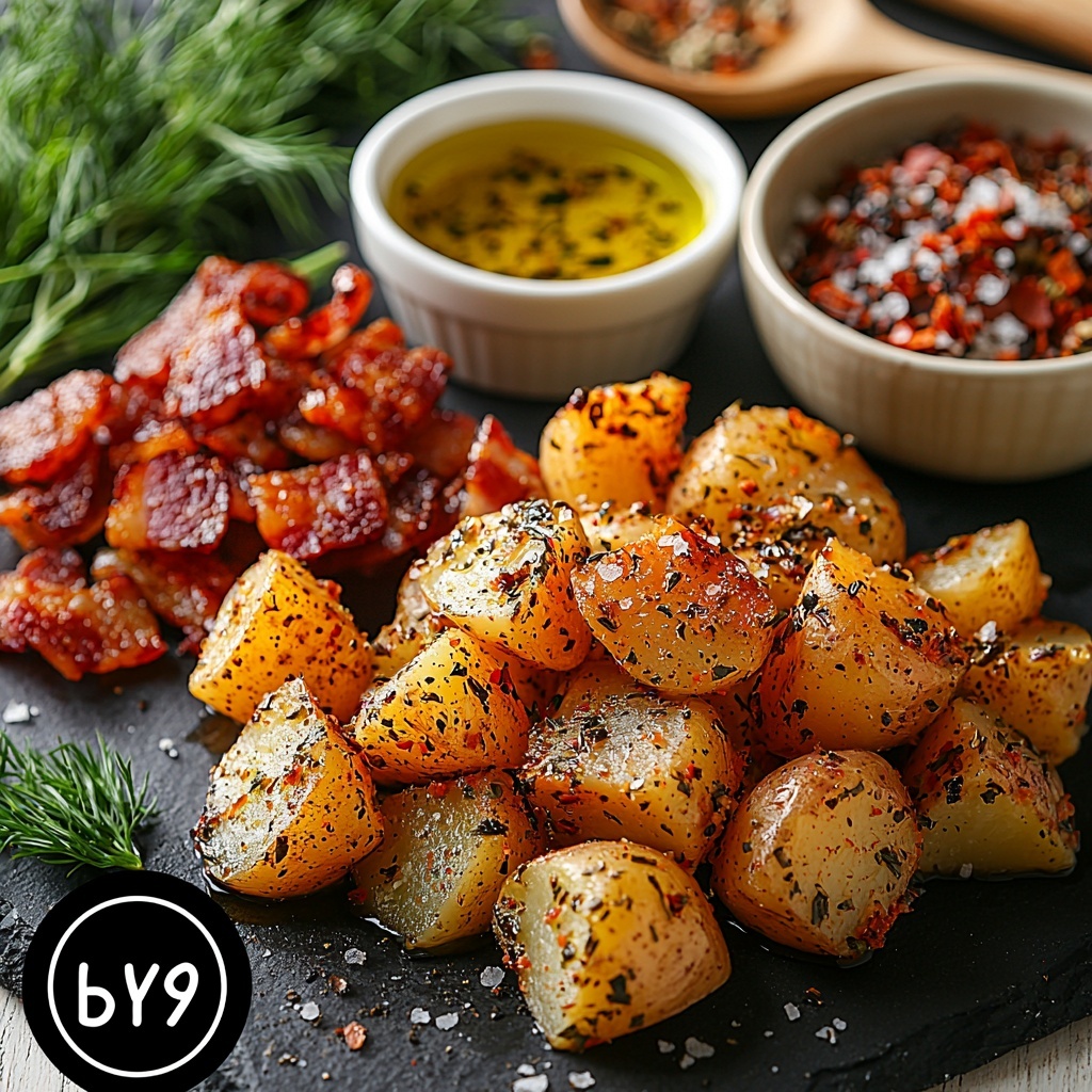 baby potatoes halved, golden and rustic with natural skin texture; small clear bowl of crisp olive oil with warm amber hues; dried oregano and garlic powder scattered in small ceramic spoons showing fine green and beige powders; coarse kosher salt crystals glistening slightly on a dark slate surface; crispy cooked bacon strips chopped into bite-sized pieces showing rich reddish-brown and caramelized edges; fresh chives finely chopped, bright vibrant green, arranged in neat piles; fresh dill finely chopped, feathery light green herb sprigs beside the chives; small glass bowl of creamy pale beige mayonnaise; clear small bowl with translucent white wine vinegar; tiny diced shallot pieces pale purple with delicate texture on white porcelain spoon; stone ground mustard showing coarse yellow and brown granules in rustic ceramic dish; all ingredients carefully spaced on a smooth white surface with soft natural light casting gentle shadows, minimalistic styling with slight rustic accents like a linen napkin and wooden spoons, emphasizing vivid colors and diverse textures, clean and visually balanced composition overhead shot, top down view, flat lay photography, professional food styling --ar 1:1 --q 2 --s 750 --v 6.1