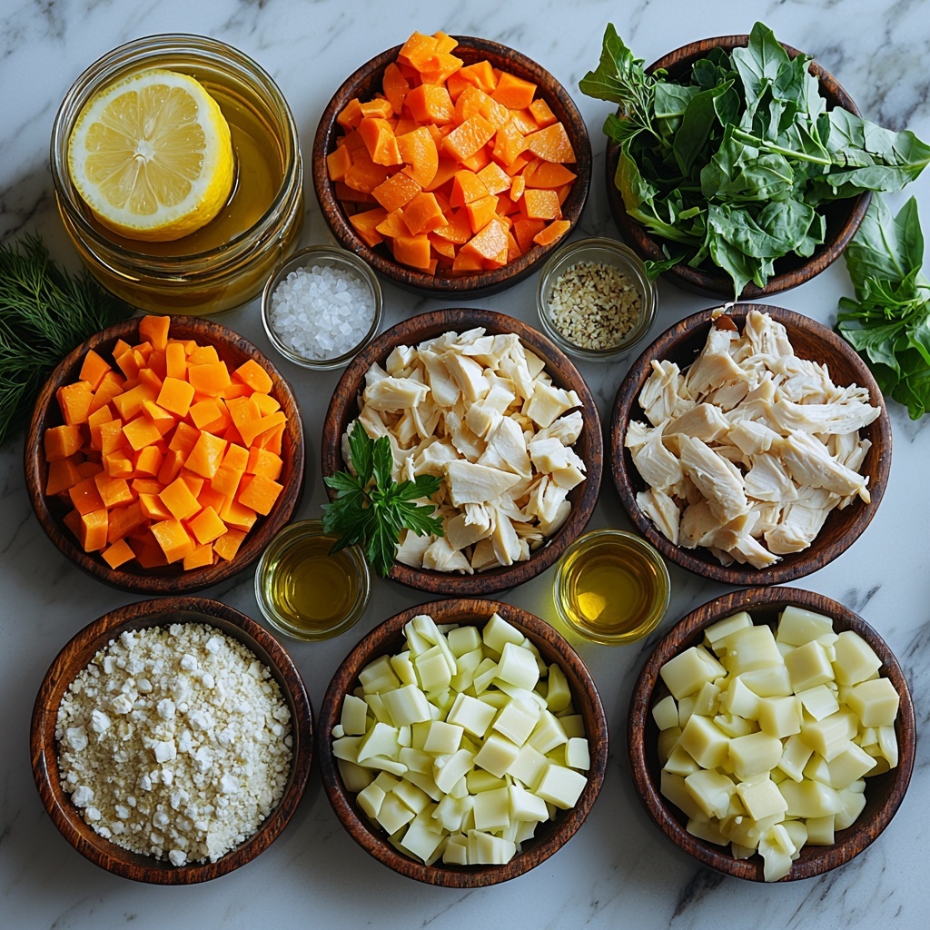 A clean white marble surface scattered with main ingredients for lemon chicken orzo soup arranged neatly in small rustic bowls and loose piles: golden olive oil glistening in a small glass jar, a halved bright yellow lemon with glossy juice droplets, finely diced translucent white onion, vibrant orange carrot cubes with smooth peeled skins, fresh green celery ribs cut into small pieces, several peeled garlic cloves beside a heap of finely minced garlic, coarse kosher salt crystals sparkling beside fresh sprigs of thyme leaves and two dried bay leaves placed symmetrically. A small mound of uncooked pearl-like orzo pasta with tiny ivory grains, shredded white and golden rotisserie chicken in a rustic wooden bowl showing juicy fibers, a bundle of crisp dark green baby kale leaves with a slight sheen, fresh green dill finely chopped in a delicate ceramic dish, and a small glass cup with thick, creamy white heavy whipping cream. Soft natural daylight illuminates the ingredients highlighting the contrasting textures—smooth lemon skin, fibrous chicken, glossy oil, and crisp kale—arranged with intentional spacing and balance on the marble backdrop, styled with subtle shadows creating depth. overhead shot, top down view, flat lay photography, professional food styling --ar 1:1 --q 2 --s 750 --v 6.1
