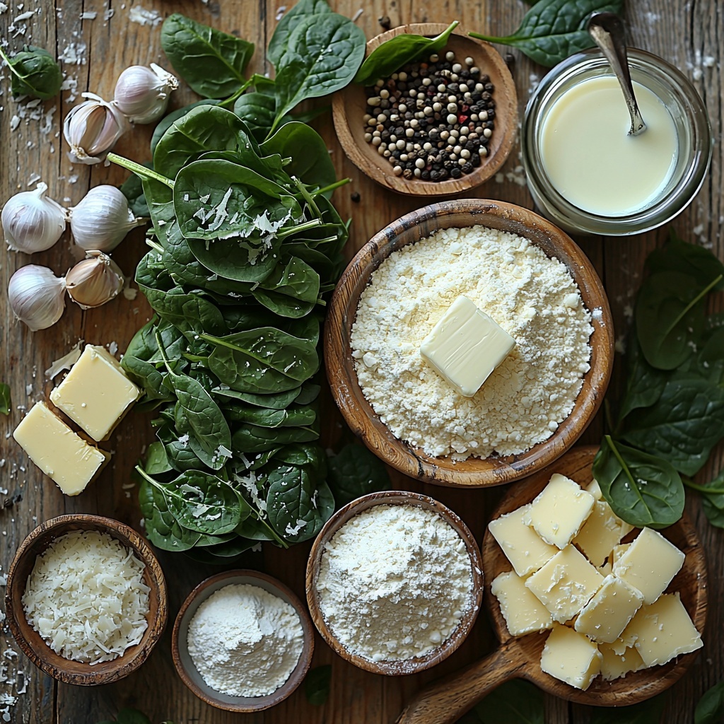 Fresh spinach leaves (about 3 vibrant green bunches, stems removed) neatly stacked, small diced white onion scattered beside a small bowl of minced garlic, a pat of creamy butter on a rustic wooden butter knife, a small mound of white all-purpose flour on a ceramic dish, a glass jug partially filled with rich, smooth heavy cream, a small bowl of grated Parmesan cheese with some scattered shreds nearby, a tiny heap of shredded mozzarella cheese showing soft texture, scattered coarse salt crystals and whole black peppercorns adding contrast, all arranged on a clean light wooden surface with natural soft daylight creating gentle shadows and highlights, styled with a few fresh spinach sprigs for freshness and balance, clean and minimalistic aesthetic, overhead shot, top down view, flat lay photography, professional food styling --ar 1:1 --q 2 --s 750 --v 6.1