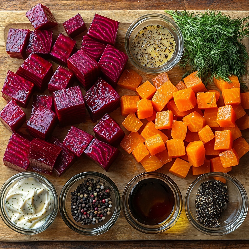 vibrant flat lay of fresh ingredients for balsamic roasted beets and carrots neatly arranged on a clean, light wood surface: peeled orange carrot chunks cut into 1-inch pieces, deep red peeled beet pieces cut into smaller ¾-inch cubes, small glass bowls with glossy extra virgin olive oil, dark glossy balsamic vinegar, pale creamy tahini, golden Dijon mustard, fresh bright green finely chopped parsley and dill sprigs, a small bowl with freshly ground black pepper, coarse sea salt crystals, dried Italian seasoning herbs in a tiny dish, a wedge of fresh lemon, and a drizzle of tahini dressing showing creamy texture; soft natural daylight highlighting the rich earthy tones and vibrant vegetable colors, minimal shadows, rustic yet elegant styling with a linen napkin and wooden spoon placed off to the side, crisp focus capturing the varied textures from smooth oil to rough beet surfaces overhead shot, top down view, flat lay photography, professional food styling --ar 1:1 --q 2 --s 750 --v 6.1