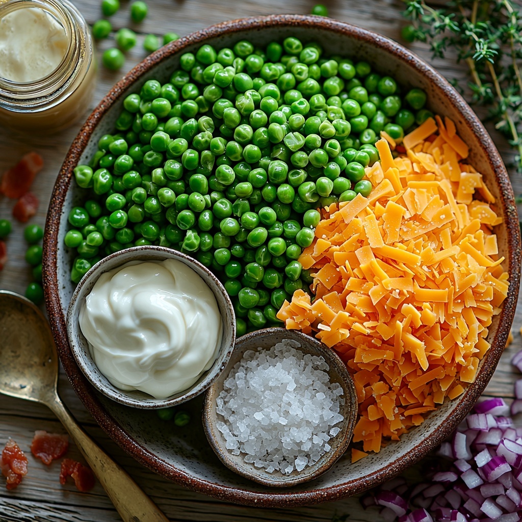 4 cups bright green thawed frozen peas in a small rustic bowl, golden crispy crumbled bacon pieces scattered beside it, a small white dish filled with shredded sharp cheddar cheese with vivid orange hues, finely diced red onion with deep purple tones neatly piled on a delicate ceramic plate, a glass jar of creamy white mayonnaise next to a bowl of smooth pale sour cream, a small spoon resting on a saucer with granulated white sugar crystals shimmering, a tiny glass container holding clear white vinegar, a small heap of fine white salt crystals and a pinch of coarse black peppercorns artfully arranged on a clean light wooden surface, soft natural light highlighting fresh colors and contrasting textures, minimal shadows, styled with casual yet intentional spacing for an inviting and vibrant composition, overhead shot, top down view, flat lay photography, professional food styling --ar 1:1 --q 2 --s 750 --v 6.1