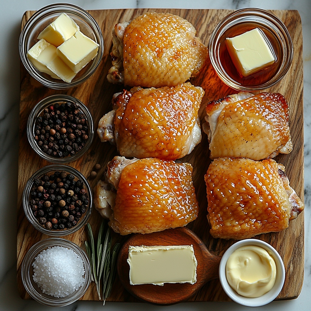 8 bone-in skin-on chicken thighs with golden skin, small rustic dish of coarse kosher salt, black peppercorns scattered nearby, a pat of creamy butter on a small wooden board, two peeled garlic cloves minced finely in a white ceramic spoon, a small glass bowl filled with amber maple syrup, a clear glass bowl of dark soy sauce, a tiny white ramekin with pale golden apple cider vinegar, a small bowl of smooth yellow Dijon mustard, and a small dish of white cornstarch powder, all arranged neatly on a clean white marble surface. The ingredients are spaced evenly with slight natural shadows to emphasize textures—glossy maple syrup, glossy chicken skin, coarse salt crystals, and soft butter edges. Minimalist styling with a warm natural light highlighting the colors and textures, creating harmony and inviting warmth. Overhead shot, top down view, flat lay photography, professional food styling --ar 1:1 --q 2 --s 750 --v 6.1