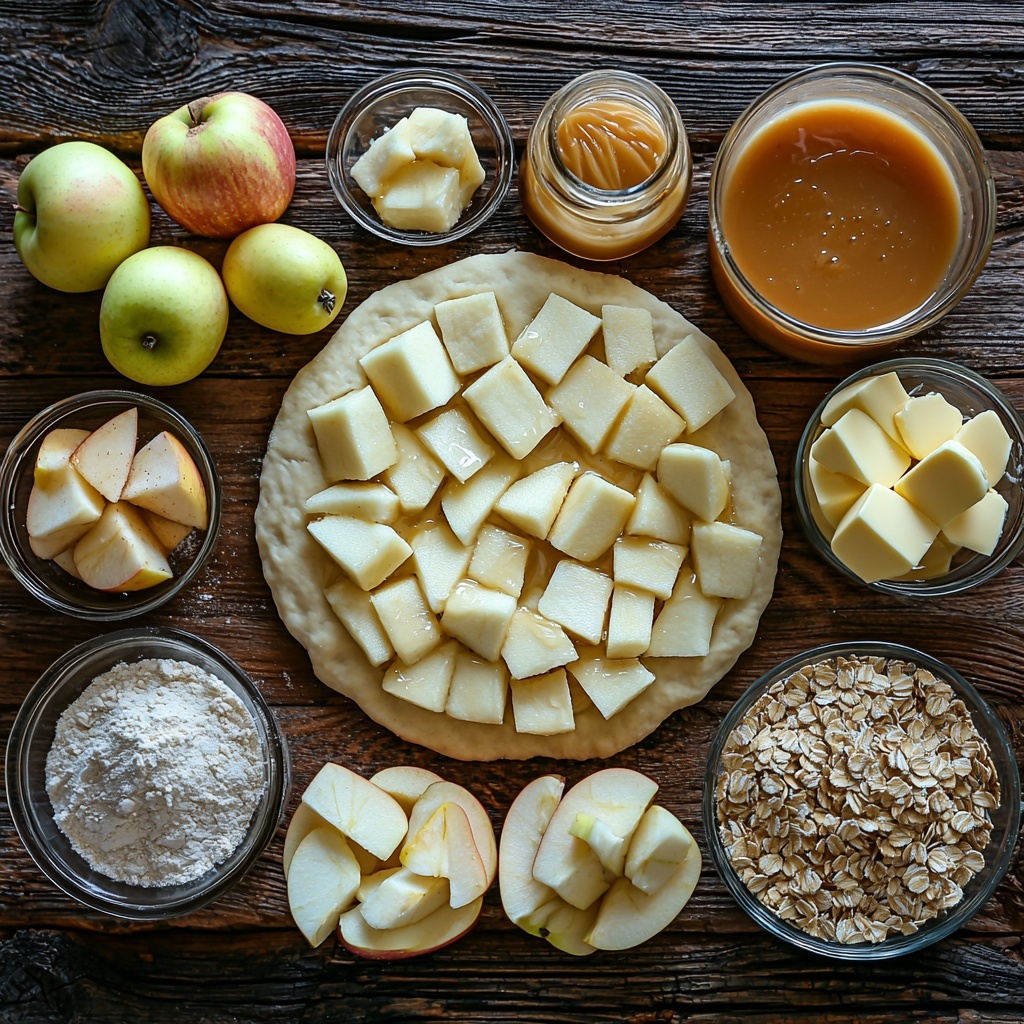 dough for single-crust pie rolled into a neat circle on a clean wooden surface, small glass bowls with granulated sugar, all-purpose flour, and ground cinnamon arranged neatly nearby, a group of four medium baking apples, peeled and sliced into uniform 1/2-inch wedges showing their pale cream flesh and subtle blush skin, a small bowl with light brown sugar packed tightly, another bowl containing rolled oats with textured flakes visible, softened pale yellow butter in a small dish, a small jar with glossy caramel ice cream topping reflecting light, ingredients spaced evenly with natural light casting soft shadows to emphasize textures and colors, warm earthy tones with pops of cream and golden caramel, shot styled simply for clear visibility of each component, overhead shot, top down view, flat lay photography, professional food styling --ar 1:1 --q 2 --s 750 --v 6.1