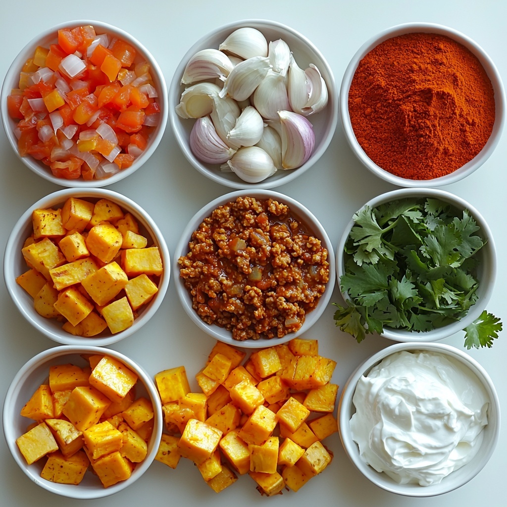 A clean white surface neatly arranged with fresh ingredients for warming ground turkey and sweet potato chili: a small bowl of golden avocado oil glistening under soft light, a pile of diced white onion with sharp edges, fresh peeled sweet potato cubes in warm orange tones, four plump garlic cloves freshly minced displayed nearby, a mound of lean ground turkey with a subtle pink hue, a rustic bowl filled with bright red crushed tomatoes, a small clear cup of amber chicken broth, colorful spices artfully sprinkled in small white dishes—deep red chili powder, earthy brown cumin, rich reddish paprika, a pinch of cinnamon powder, vibrant cayenne pepper, smoky chipotle powder—all contrasting against the clean background; a small heap of bright yellow corn kernels and glossy black beans rinsed and shiny; a dollop of creamy white sour cream on a minimalist ceramic spoon, and fresh green cilantro leaves scattered lightly to add a pop of freshness. The composition is balanced with natural light emphasizing textures—the softness of sweet potatoes, the coarse grind of turkey, and the powdery spices—styled for an inviting, wholesome feel. overhead shot, top down view, flat lay photography, professional food styling --ar 1:1 --q 2 --s 750 --v 6.1