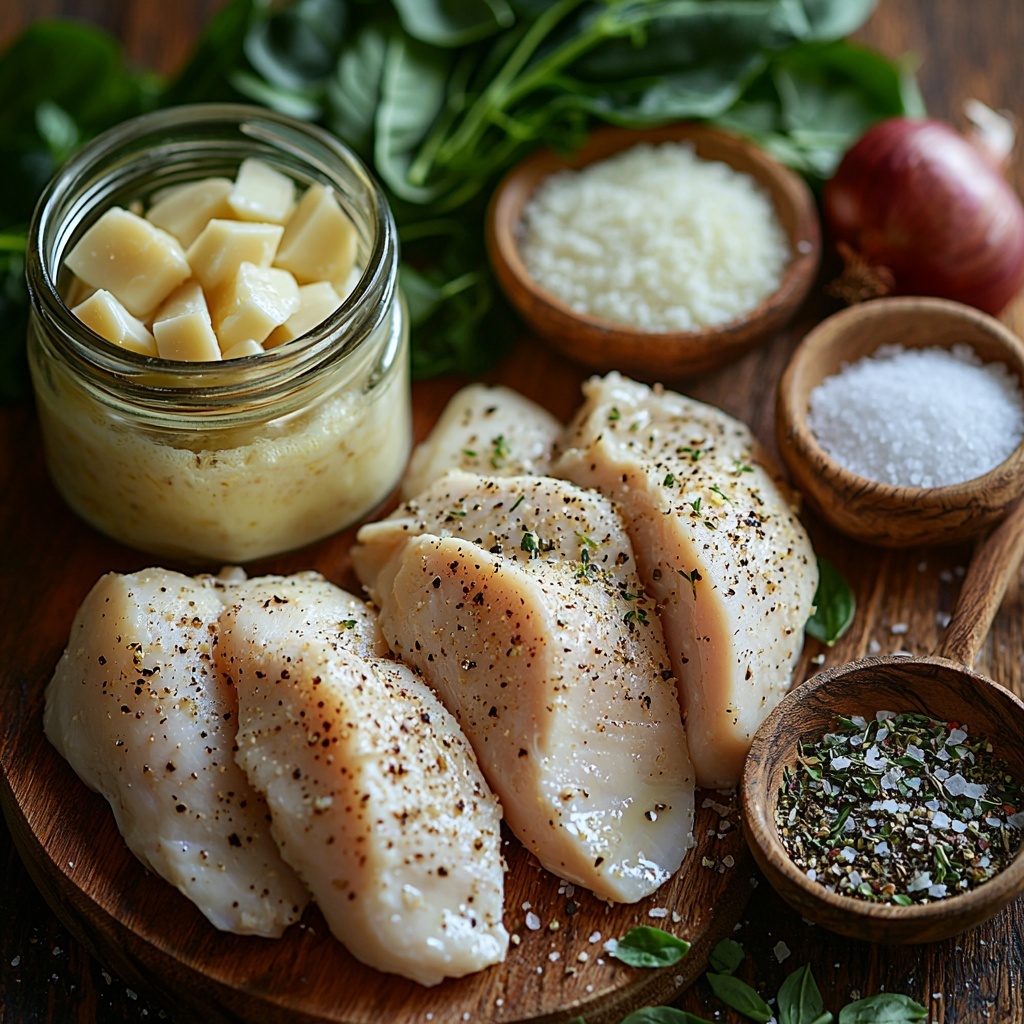boneless skinless chicken breasts raw, a small bowl of finely grated Parmesan cheese with a pale yellow hue, a glass jar of golden chicken broth, a small white ceramic pitcher of creamy heavy cream, whole garlic cloves with papery skin, a halved yellow onion showcasing its layered texture, fresh Italian herbs including bright green basil leaves, oregano sprigs, and thyme sprigs artfully scattered, small bowls of coarse salt and cracked black pepper, optional fresh spinach leaves deep green and vibrant, sliced brown mushrooms with creamy white interiors, and a small wooden dish of red chili flakes adding a pop of red color — all ingredients neatly arranged on a clean, light natural wood surface with soft natural daylight casting gentle shadows, styled with minimal rustic props such as a wooden spoon and linen napkin to create a warm, inviting atmosphere — overhead shot, top down view, flat lay photography, professional food styling --ar 1:1 --q 2 --s 750 --v 6.1