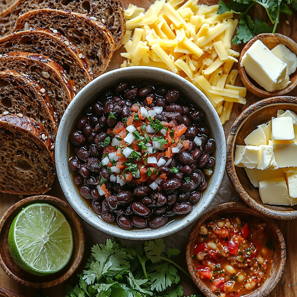black beans in a small white bowl, golden olive oil in a glass measuring spoon, finely chopped translucent onion scattered loosely, two peeled garlic cloves whole and minced garlic in a small dish, ground cumin, smoked paprika, chili powder, salt, and black pepper in tiny ceramic spoons arranged neatly, fresh bright green chopped cilantro in a small heap, a wedge of lime with juice droplets nearby, several slices of whole wheat and white sandwich bread stacked and fanned out slightly, a mound of shredded cheddar and Monterey Jack cheese showing varied yellow and white tones, softened butter on a small dish with a butter knife, all set on a clean light wooden surface with soft natural lighting, textures contrasting from smooth beans and creamy butter to crumbly cheese and rough bread crust, minimal shadows, styled for an inviting, fresh, and vibrant cooking prep scene, overhead shot, top down view, flat lay photography, professional food styling --ar 1:1 --q 2 --s 750 --v 6.1