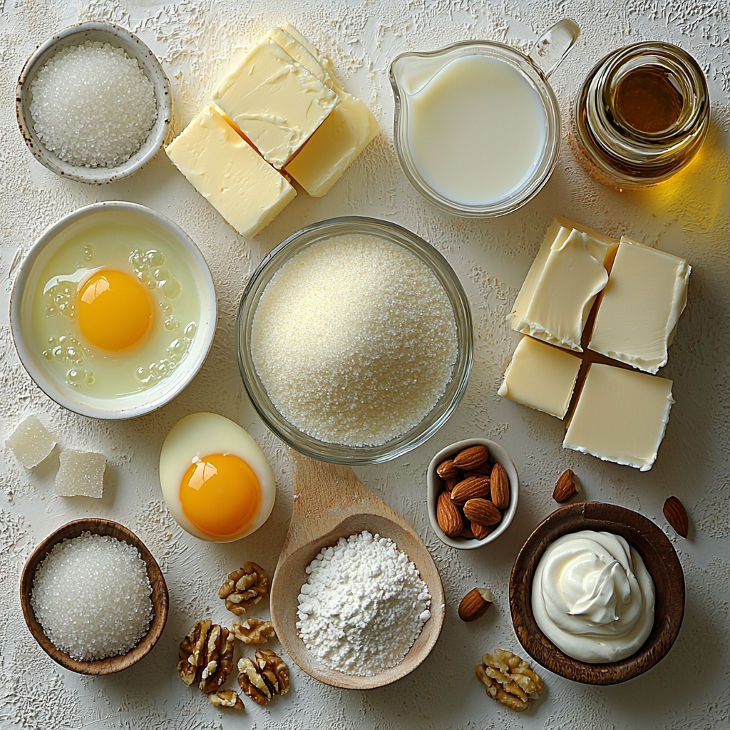 granulated sugar in a small glass bowl with sparkling white crystals, a delicate puddle of clear water in a small white ramekin, a smooth mound of pale yellow cornstarch on a ceramic spoon, four vibrant golden egg yolks carefully separated in a shallow white dish, a small glass pitcher filled with creamy off-white whole milk, a larger glass container holding thick, velvety heavy cream, a neat square of pale yellow unsalted butter wrapped partially in parchment paper, a small white teaspoon with fine sea salt crystals, a small glass bottle of vanilla extract with dark amber liquid, a dollop of fluffy white whipped cream in a tiny bowl, and a scattering of crushed golden-brown nuts in a small rustic bowl — all arranged artfully and spaced evenly on a pristine matte white surface, soft natural light casting gentle shadows to highlight the rich textures and subtle color contrasts, minimalist styling with clean lines and a fresh, inviting atmosphere, overhead shot, top down view, flat lay photography, professional food styling --ar 1:1 --q 2 --s 750 --v 6.1