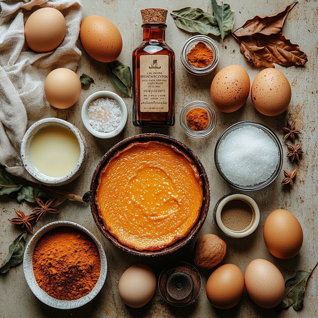 A clean, neutral-colored surface with all the main ingredients for a crustless pumpkin pie neatly arranged in a balanced flat lay composition. Include a rustic can of bright orange pumpkin puree with the label partially visible, three large brown eggs with smooth shells grouped together, a small clear glass measuring cup filled with creamy off-white evaporated milk, a small bowl of golden melted butter shimmering softly, a vintage glass bottle of amber vanilla extract with a wooden cork, two small bowls—one with light brown packed sugar crystals and one with fine white granulated sugar—showing subtle texture contrasts. Add a little white ceramic dish with a warm brown pumpkin pie spice blend, highlighting flecks of cinnamon, ginger, nutmeg, and cloves. Include a tiny pile of fine sea salt crystals on a wooden spoon. For styling, incorporate warm natural light casting gentle shadows, a soft linen napkin folded casually on one side, and a few autumn leaves or small cinnamon sticks as subtle props. The overall color palette is warm and inviting—orange, brown, cream, and soft ivory tones—enhancing the cozy, homemade vibe. The arrangement is thoughtfully spaced for clear visibility of each ingredient’s texture and color, with some ingredients placed in glass or ceramic dishes to add visual interest and reflectivity. Overhead shot, top down view, flat lay photography, professional food styling --ar 1:1 --q 2 --s 750 --v 6.1