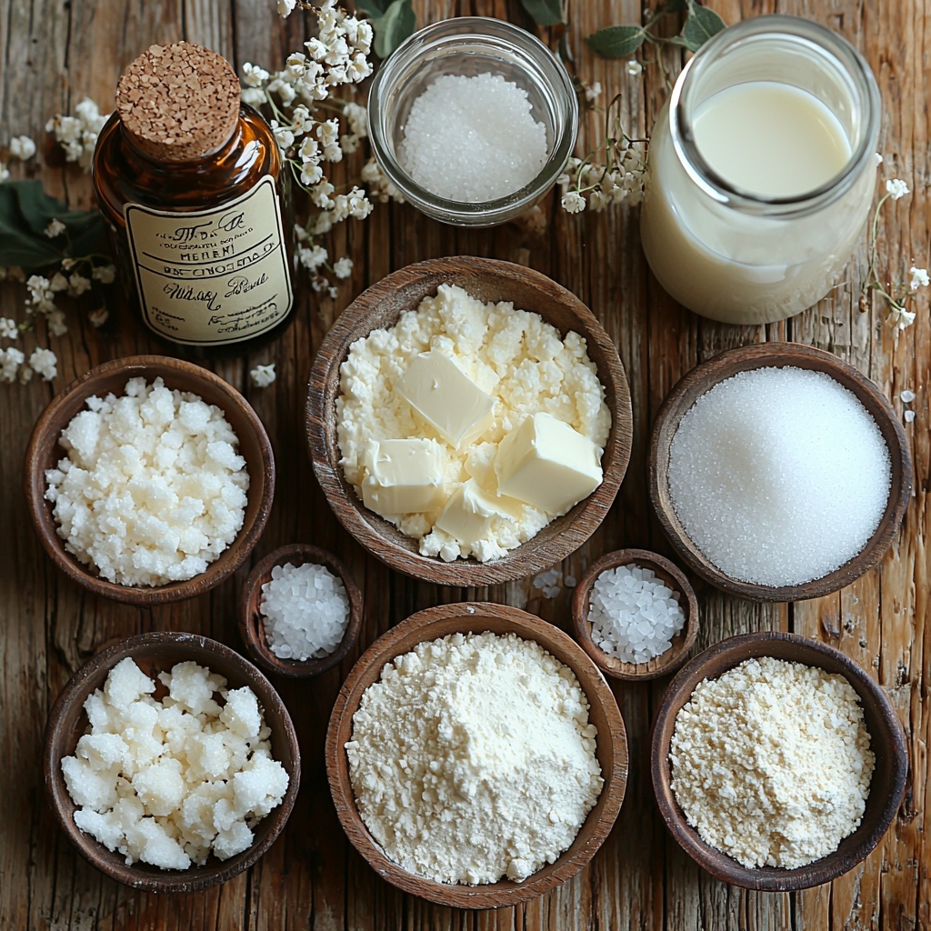A clean, bright wooden surface with small, rustic bowls carefully arranged in a circle: one filled with fine white cornstarch powder, another with granulated white sugar, and a tiny dish containing a pinch of fine salt. Nearby, a clear glass measuring cup holds three cups of cold, creamy milk, its smooth texture visible. A small, elegant white ramekin contains a glossy, rich pat of golden butter, next to a small glass bottle with a cork stopper filled with translucent amber vanilla extract. Soft natural light highlights the contrasting textures—the powdery starch and sugar, the silky milk, the shiny butter, and the fragrant vanilla. Subtle shadows add depth without distraction. The composition is balanced and inviting, with a few scattered grains of sugar and a small silver whisk placed diagonally to guide the eye. overhead shot, top down view, flat lay photography, professional food styling --ar 1:1 --q 2 --s 750 --v 6.1