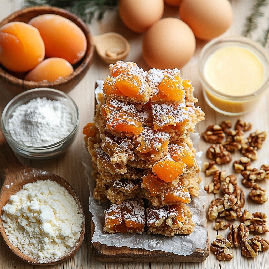 ½ cup softened butter in a small dish, ¼ cup granulated sugar in a glass bowl, 1⅓ cups all-purpose flour divided into two small piles on parchment paper, ⅔ cup dried apricots chopped and scattered, 2 large eggs whole and cracked open shells beside them, 1 cup packed brown sugar heaped in a rustic wooden bowl, ½ teaspoon baking powder and ¼ teaspoon salt each measured in tiny white ceramic spoons, ½ teaspoon pure vanilla extract in a small clear glass bottle, ½ cup chopped walnuts loosely piled showing texture, ½ cup sweetened flaked coconut spread lightly to show flakes, 1 cup powdered sugar in a fine mesh sieve with some dusted powder artfully scattered on the clean light wood surface. The ingredients are arranged neatly but naturally on a pristine, pale wood tabletop, with soft natural light highlighting the warm tones and varied textures—powdery, granular, chunky, and smooth. Subtle shadows add depth, with a few small vintage kitchen tools and linen napkins casually placed around to enhance the inviting, homemade feel. Overhead shot, top down view, flat lay photography, professional food styling --ar 1:1 --q 2 --s 750 --v 6.1