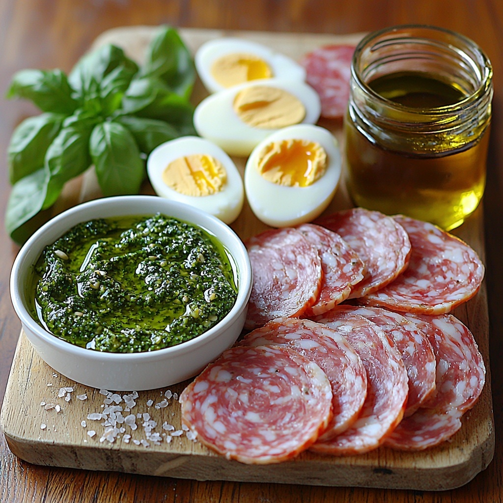 crusty ciabatta or sourdough bread slices with golden toasted edges, two large fresh eggs with smooth white shells, small bowl of vibrant green fresh pesto showing texture of basil and pine nuts, 2-3 thin slices of pinkish mortadella with white fat flecks, small glass dish of glossy golden olive oil, coarse sea salt and cracked black pepper scattered nearby, fresh bright green basil leaves with delicate veins, all neatly arranged on a clean light wood surface with natural soft daylight creating gentle shadows, warm and inviting color palette emphasizing fresh ingredients and rustic textures, props minimal and elegant to keep focus on ingredients, overhead shot, top down view, flat lay photography, professional food styling --ar 1:1 --q 2 --s 750 --v 6.1