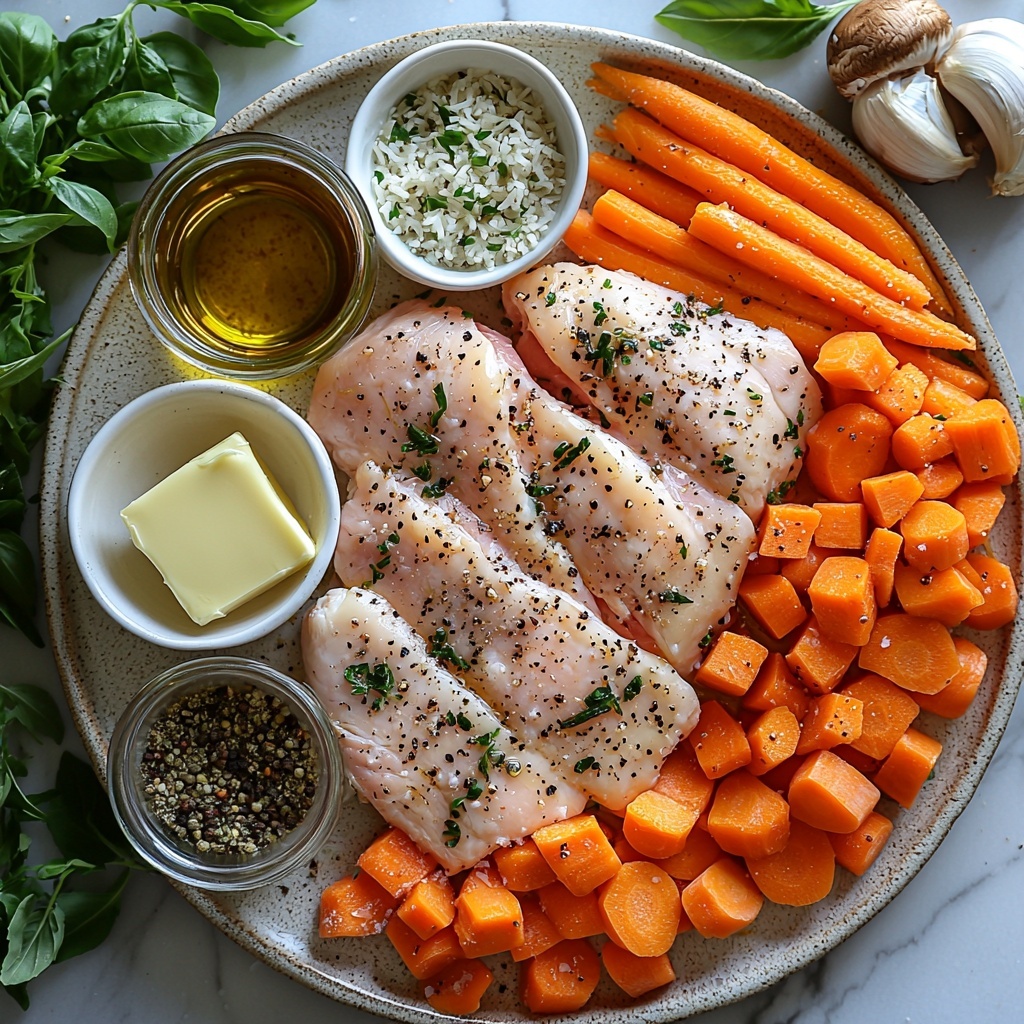Chicken broth in a clear glass measuring cup, uncooked white long grain rice in a small white bowl, two tablespoons of golden butter on a wooden butter knife, small dishes holding dried basil, oregano, parsley, thyme, and black pepper powders, raw boneless skinless chicken breasts lightly seasoned with salt and pepper on a rustic ceramic plate, a small dish of olive oil with a glistening surface, a clear glass with pale dry white wine, a peeled and diced yellow onion, sliced bright orange carrots, diced fresh green celery ribs, cleaned whole brown mushrooms with textured caps, three cloves of minced garlic on a white porcelain spoon, small bowl with dark Worcestershire sauce, teaspoon of pale Dijon mustard in a white ramekin, a single golden bay leaf, a chicken bouillon cube on crinkled parchment paper, a glass bowl of freshly grated parmesan cheese with fine shreds, all ingredients carefully spaced on a clean white marble surface with natural soft daylight highlighting the colors and textures, subtle shadows for depth, minimal rustic props for an inviting yet clean aesthetic, overhead shot, top down view, flat lay photography, professional food styling --ar 1:1 --q 2 --s 750 --v 6.1