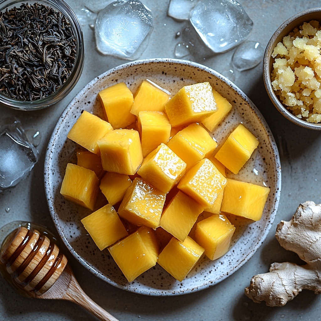 2 cups clear water in a glass measuring cup, two black tea bags with visible tea leaves, a whole ripe mango peeled and diced into bright golden cubes arranged neatly on a white ceramic plate, a small heap of freshly grated pale yellow ginger on a rustic wooden spoon, a small glass bowl with golden amber honey shimmering under soft natural light, several clear ice cubes scattered casually nearby on a clean white surface, all ingredients spaced evenly with subtle shadows and highlights emphasizing their fresh, vibrant colors and varied textures, minimalistic styling with a natural, airy feel, soft diffused daylight, gentle reflections on the honey and water, slight texture contrast between smooth mango flesh and fibrous ginger, arranged for clarity and visual balance, overhead shot, top down view, flat lay photography, professional food styling --ar 1:1 --q 2 --s 750 --v 6.1