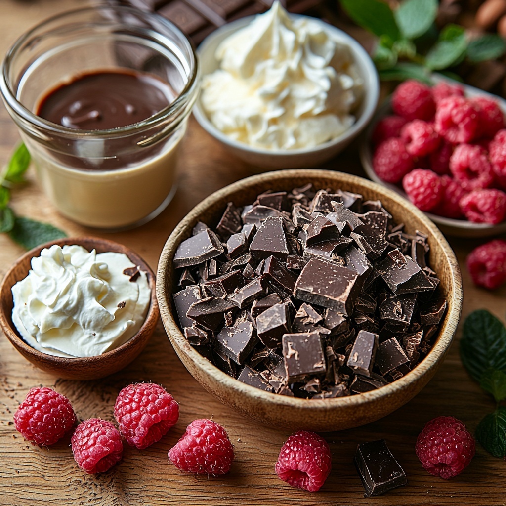 chocolate cookie crumbs in a small rustic bowl, melted golden butter in a glass measuring cup, smooth cream cheese block on parchment paper, a small bowl of fine white powdered sugar, a tiny dish with amber vanilla extract, a fluffy bowl of whipped cream, a glossy bowl of rich chocolate pudding, a pile of dark chocolate chunks with deep brown color and sharp edges, fresh vibrant red raspberries scattered artfully around, all arranged neatly on a clean light wooden surface with soft natural lighting highlighting varied textures from crumbly to creamy and glossy, subtle shadows adding depth, minimalistic styling with a few green leaves for a pop of color, overhead shot, top down view, flat lay photography, professional food styling --ar 1:1 --q 2 --s 750 --v 6.1