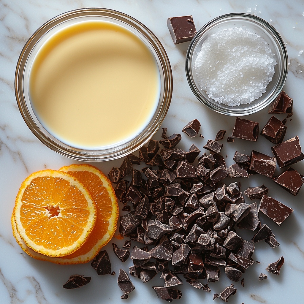 Chocolate orange posset ingredients arranged neatly on a clean white marble surface: a small glass bowl filled with smooth heavy cream, a pile of finely chopped dark chocolate chunks (deep rich brown, glossy texture), a clear measuring cup with granulated white sugar, fresh vibrant orange zest strips bright and textured on a small white dish, a small glass pitcher containing fresh orange juice with a golden hue, and a tiny ceramic bowl holding a pinch of coarse sea salt crystals. The items are spaced evenly with subtle shadows, natural soft lighting highlighting the creamy, glossy, and granular textures, a few scattered chocolate shavings and a thin slice of candied orange placed artistically nearby for color contrast. Overhead shot, top down view, flat lay photography, professional food styling --ar 1:1 --q 2 --s 750 --v 6.1