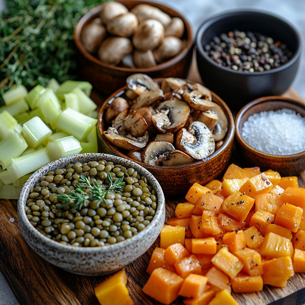 French green lentils in a small rustic ceramic bowl, sliced cremini mushrooms spread beside it, diced yellow onion in a neat pile, bright orange diced carrots and light green diced celery arranged in separate small heaps; three peeled garlic cloves and two garlic cloves minced on a wooden board; a small glass bowl with golden olive oil, a bunch of fresh chopped parsley scattered lightly for color contrast; dried thyme sprinkled delicately in a tiny dish next to a single glossy bay leaf; a small dark bowl with rich balsamic vinegar; salt and black peppercorns in matching minimalist ceramic containers; all ingredients thoughtfully spaced on a clean white textured surface to emphasize natural colors and textures, soft natural lighting enhancing the earth tones and freshness, subtle shadows adding depth; overhead shot, top down view, flat lay photography, professional food styling --ar 1:1 --q 2 --s 750 --v 6.1