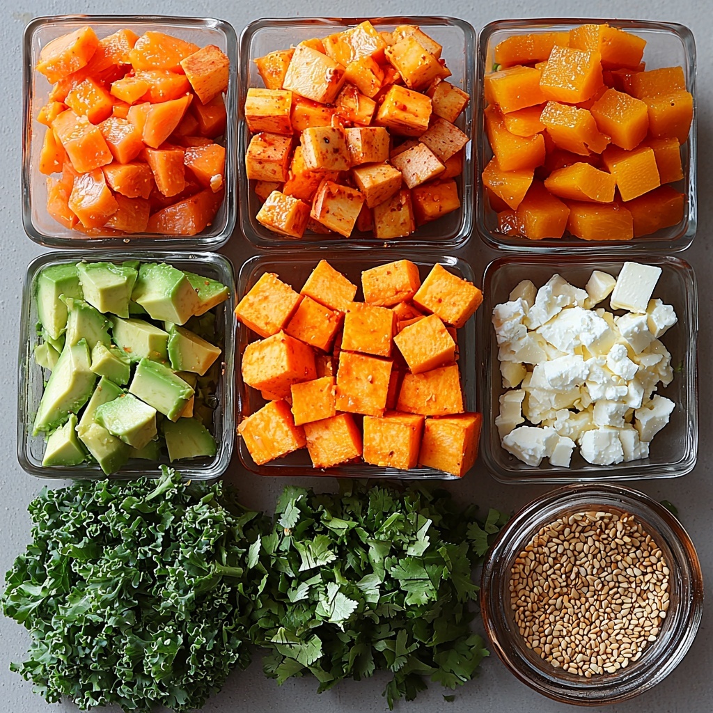 sweet potatoes cut into match sticks with bright orange hues, small bowl of salted butter or olive oil with a glossy sheen, small piles of cayenne pepper, smoked paprika, onion powder, and garlic powder in warm earthy tones, scattered coarse salt and black peppercorns, vibrant green broccoli florets chopped, shredded romaine lettuce in pale green and crisp textures, shredded kale with deep green, curly edges, fresh parsley and cilantro chopped finely in a small cluster, ripe avocado slices showing creamy smooth texture and rich green color, crumbly white feta cheese in a small bowl, jewel-like red pomegranate arils glistening with moisture, small bowl of creamy beige tahini, glass container with toasted sesame or olive oil reflecting light, fresh lemon half with bright yellow flesh, rounded spoon of white miso paste with soft texture, small dish of dark tamari or soy sauce, tiny dish with golden honey dripping slightly, freshly grated garlic cloves with fine texture, thin slices of fresh ginger showing fibrous detail, pinch of vibrant red chili flakes in a tiny bowl, all ingredients thoughtfully spaced on a clean white surface with natural, soft daylight casting gentle shadows, arranged for balanced composition highlighting contrasting colors and textures, overhead shot, top down view, flat lay photography, professional food styling --ar 1:1 --q 2 --s 750 --v 6.1