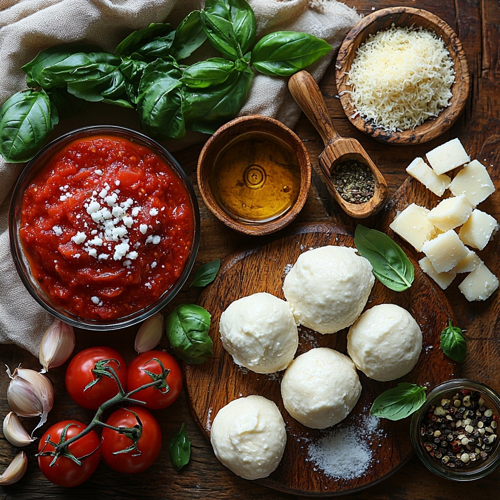 pizza dough ball lightly dusted with flour, small glass bowl of rich red tomato sauce with visible crushed tomato texture, smooth white slices of fresh mozzarella cheese arranged neatly, vibrant green fresh basil leaves scattered artfully, single peeled garlic clove minced with small pile beside it, small wooden spoon of golden olive oil, sprinkle of coarse sea salt crystals, teaspoon of dried oregano herbs, small bowl of grated pale yellow Parmesan cheese, all ingredients laid out on a clean light-colored wooden surface with soft natural lighting casting gentle shadows, minimal rustic props like a linen napkin and a wooden cutting board partially visible at edges, colors vivid and textures clear—overhead shot, top down view, flat lay photography, professional food styling --ar 1:1 --q 2 --s 750 --v 6.1