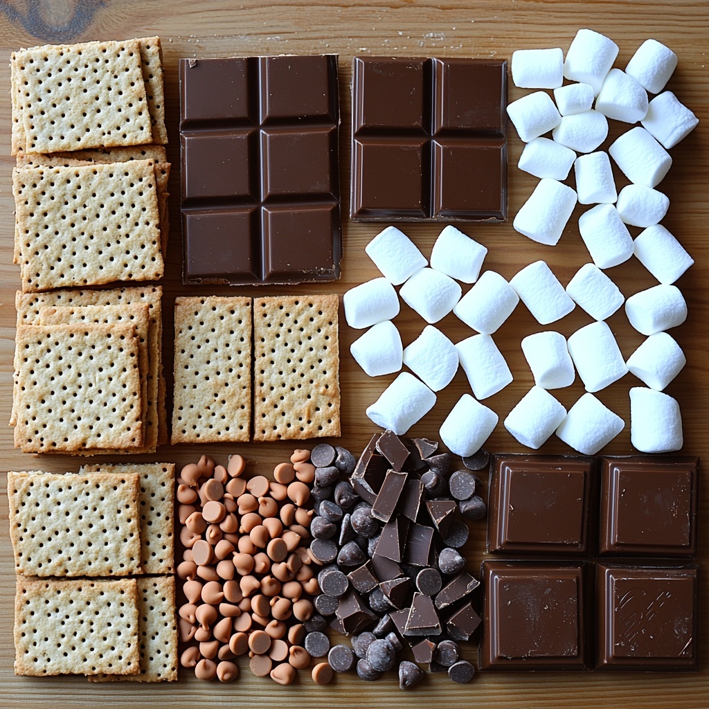 24 graham cracker squares broken into neat smaller squares, arranged in a rustic pile; 24 unbaked Reese's Ready To Bake Peanut Butter Cookies, smooth and round with a creamy peanut butter color, placed in a loose cluster; 2 cups fluffy white mini marshmallows scattered lightly around; 24 pieces of Hershey chocolate bars, dark brown with a slight shine, laid out in a small stack; 1 cup colorful Reese's Pieces candies in vibrant orange, yellow, and brown hues spread attractively to add pops of color; 1/4 cup tiny glossy mini chocolate chips scattered sparingly for texture contrast; all ingredients displayed on a clean, light-colored wooden or marble surface, styled with soft natural lighting that highlights the textures—the crumbly graham crackers, the creamy cookies, and the glossy chocolates—creating a warm, inviting atmosphere; casual yet intentional spacing with some overlapping elements for depth, minimal shadows, and the overall composition balanced to draw the eye evenly across the frame. overhead shot, top down view, flat lay photography, professional food styling --ar 1:1 --q 2 --s 750 --v 6.1